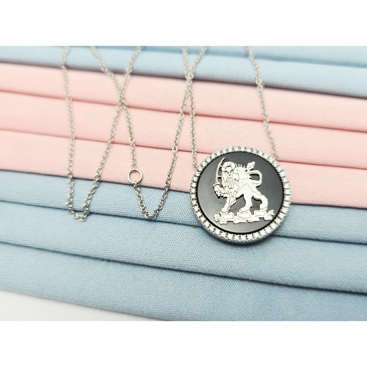 18K White Gold Iran Lion & Sun Onyx & Diamond Pendant Resizable Link Necklace