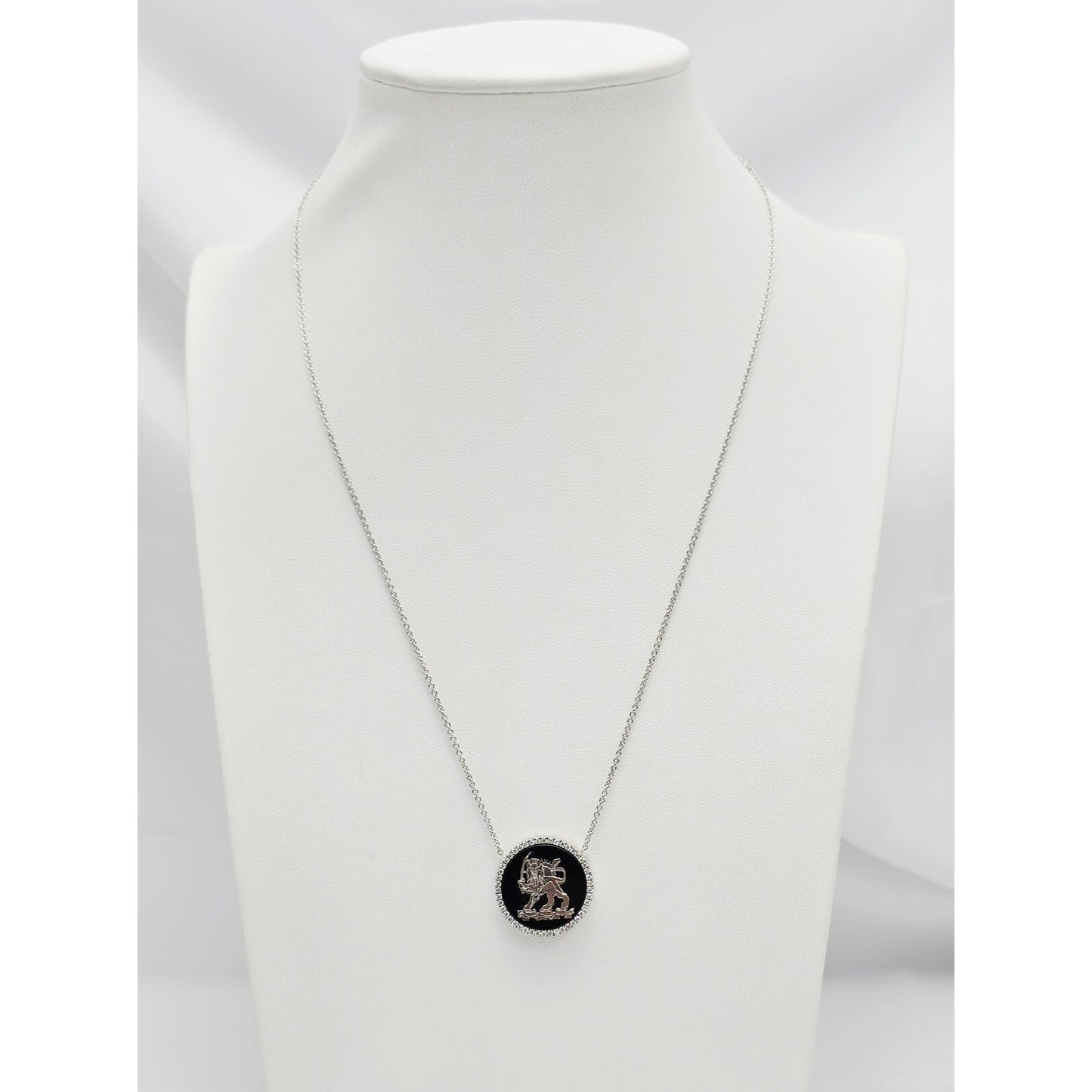 18K White Gold Iran Lion & Sun Onyx & Diamond Pendant Resizable Link Necklace