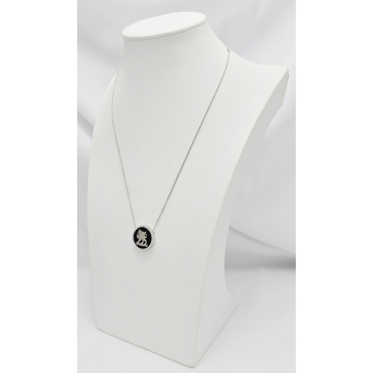 18K White Gold Iran Lion & Sun Onyx & Diamond Pendant Resizable Link Necklace