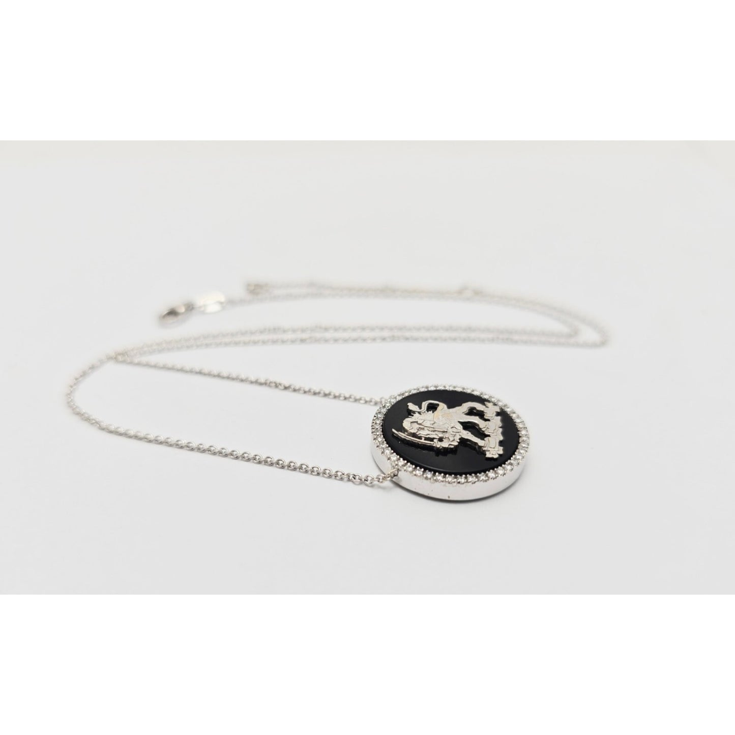 18K White Gold Iran Lion & Sun Onyx & Diamond Pendant Resizable Link Necklace
