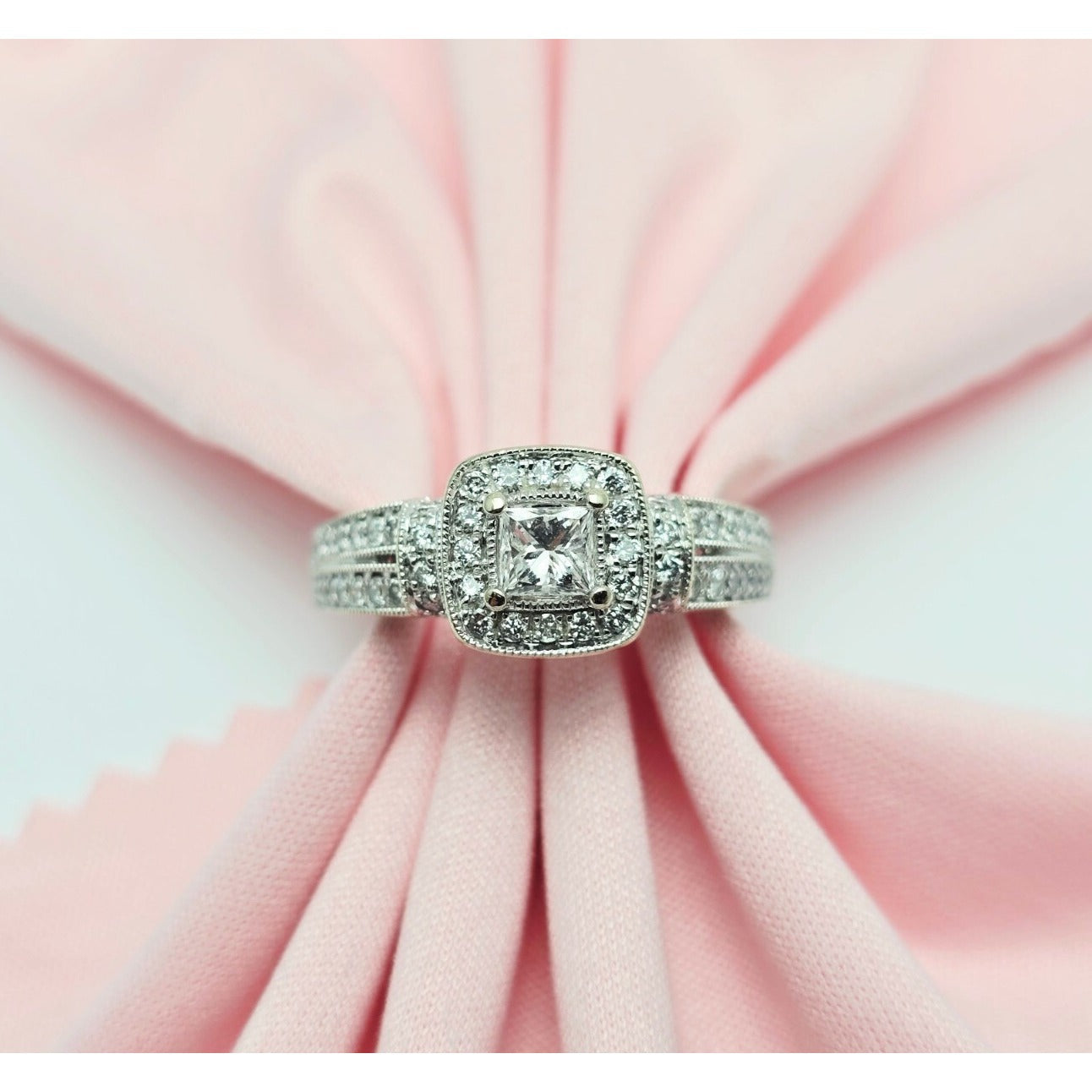 14K White Gold Ladies Diamond Halo Engagement Ring