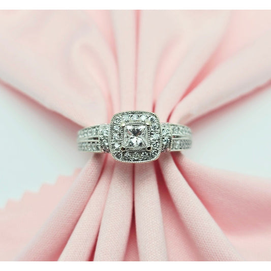 14K White Gold Ladies Diamond Halo Engagement Ring