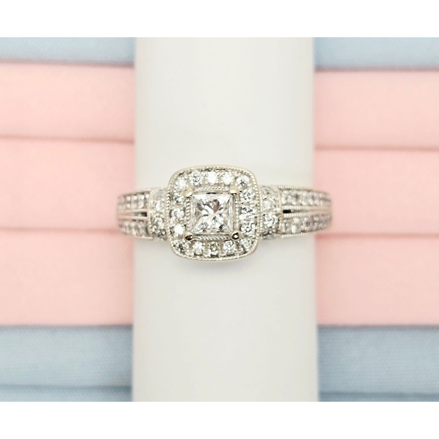 14K White Gold Ladies Diamond Halo Engagement Ring