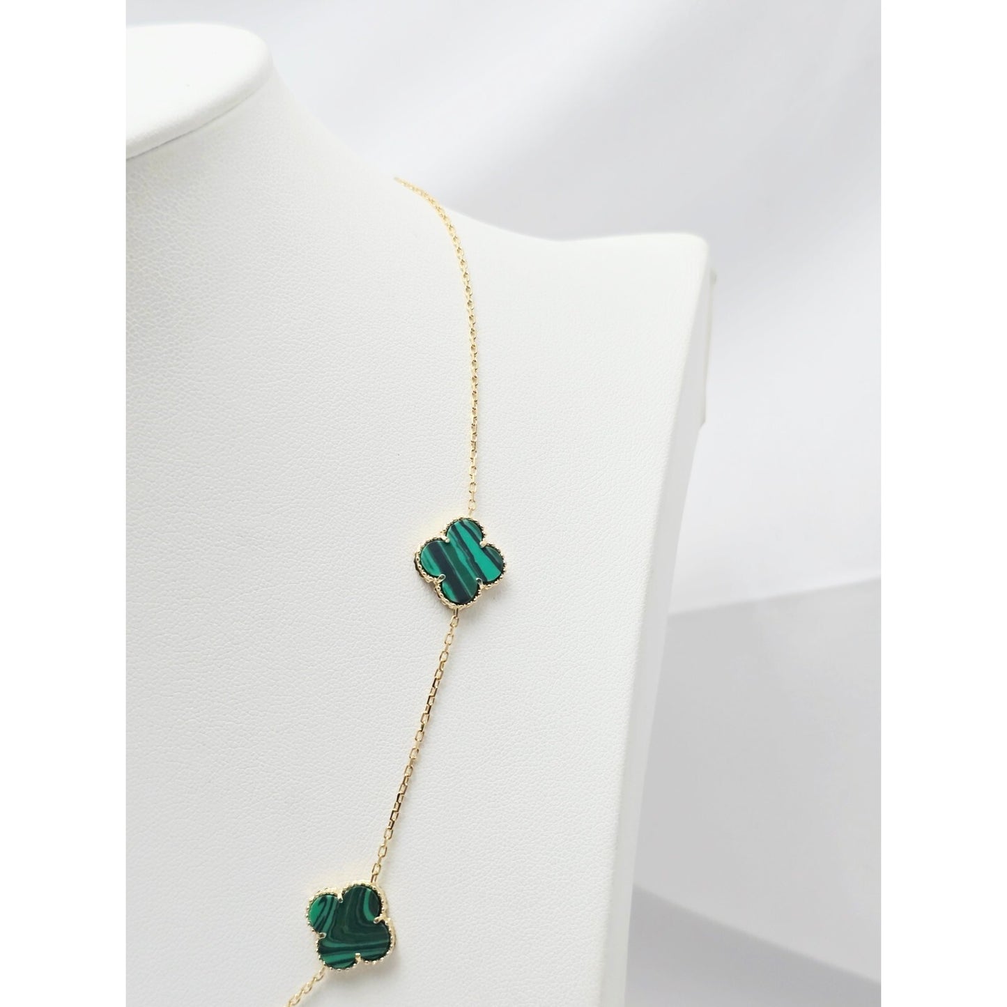 14K Yellow Gold Malachite Four Leaf Clover Resizable Cable Link Chain Necklace
