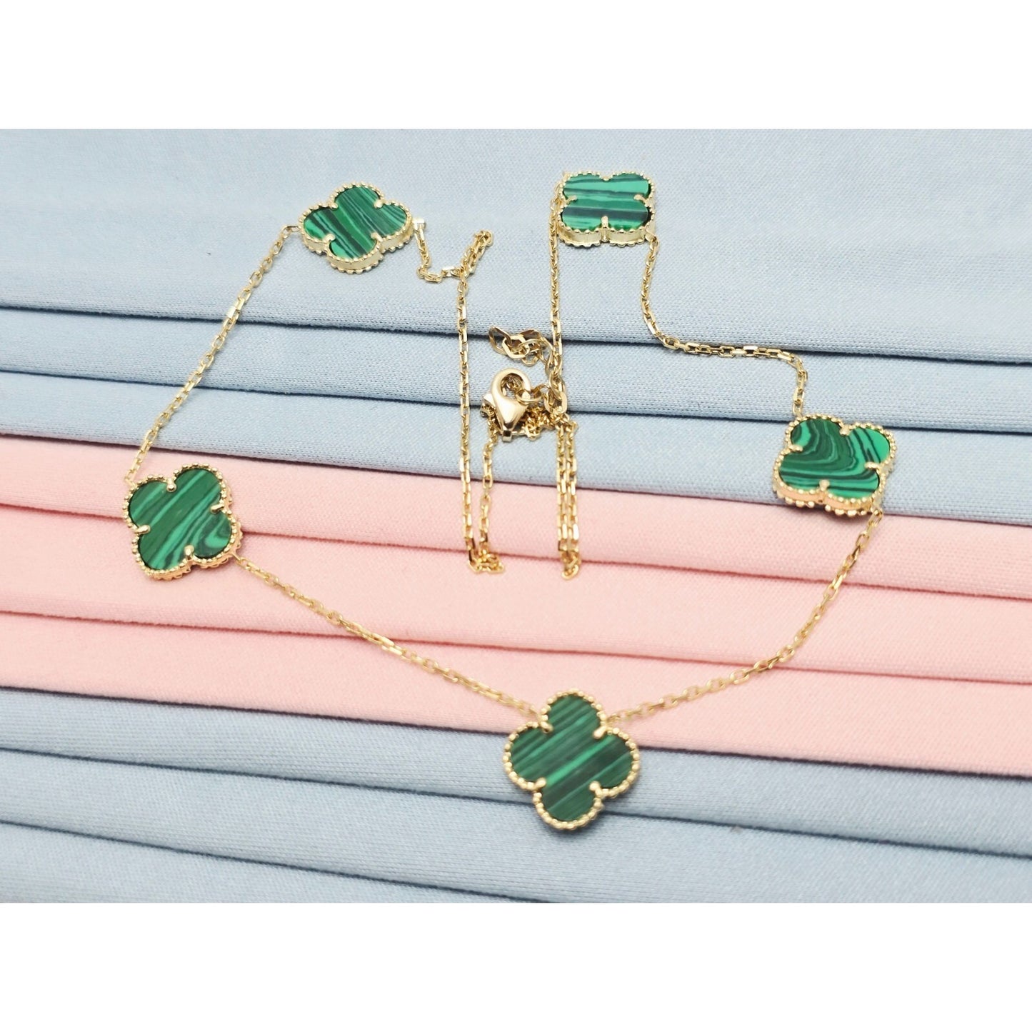 14K Yellow Gold Malachite Four Leaf Clover Resizable Cable Link Chain Necklace