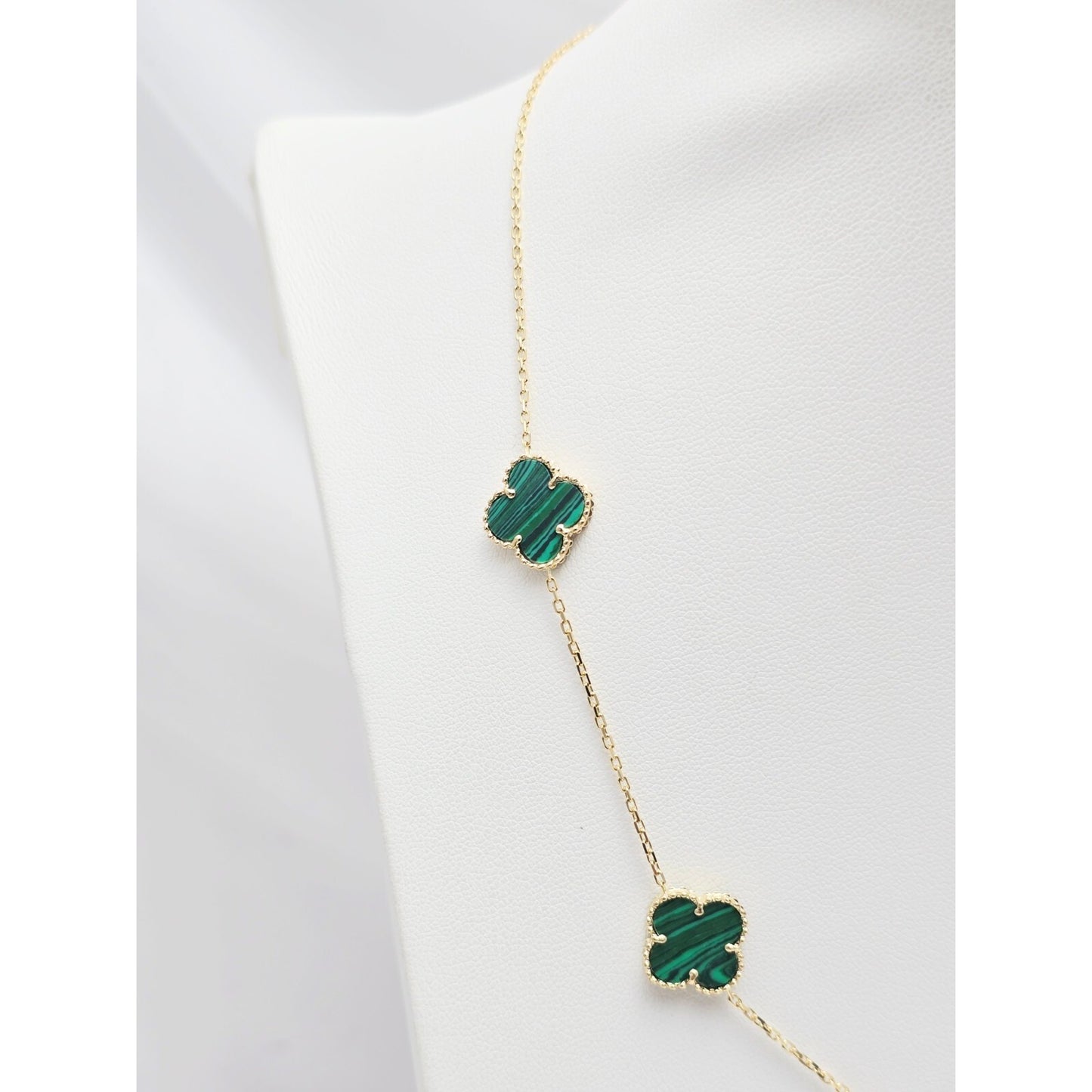 14K Yellow Gold Malachite Four Leaf Clover Resizable Cable Link Chain Necklace