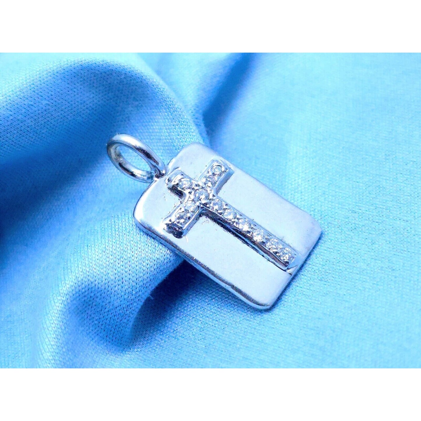 Erica Courtney 14K White Gold Diamond Dog Tag Religious Cross Pendant Charm