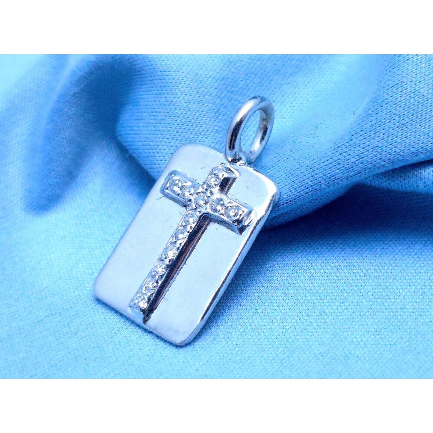 Erica Courtney 14K White Gold Diamond Dog Tag Religious Cross Pendant Charm