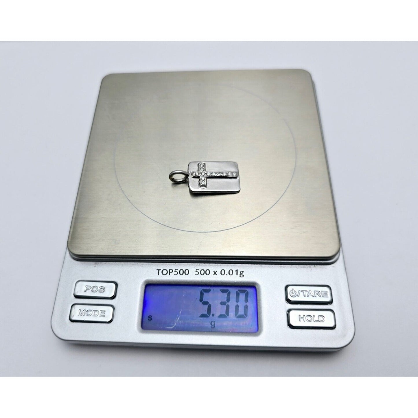 Erica Courtney 14K White Gold Diamond Dog Tag Religious Cross Pendant Charm