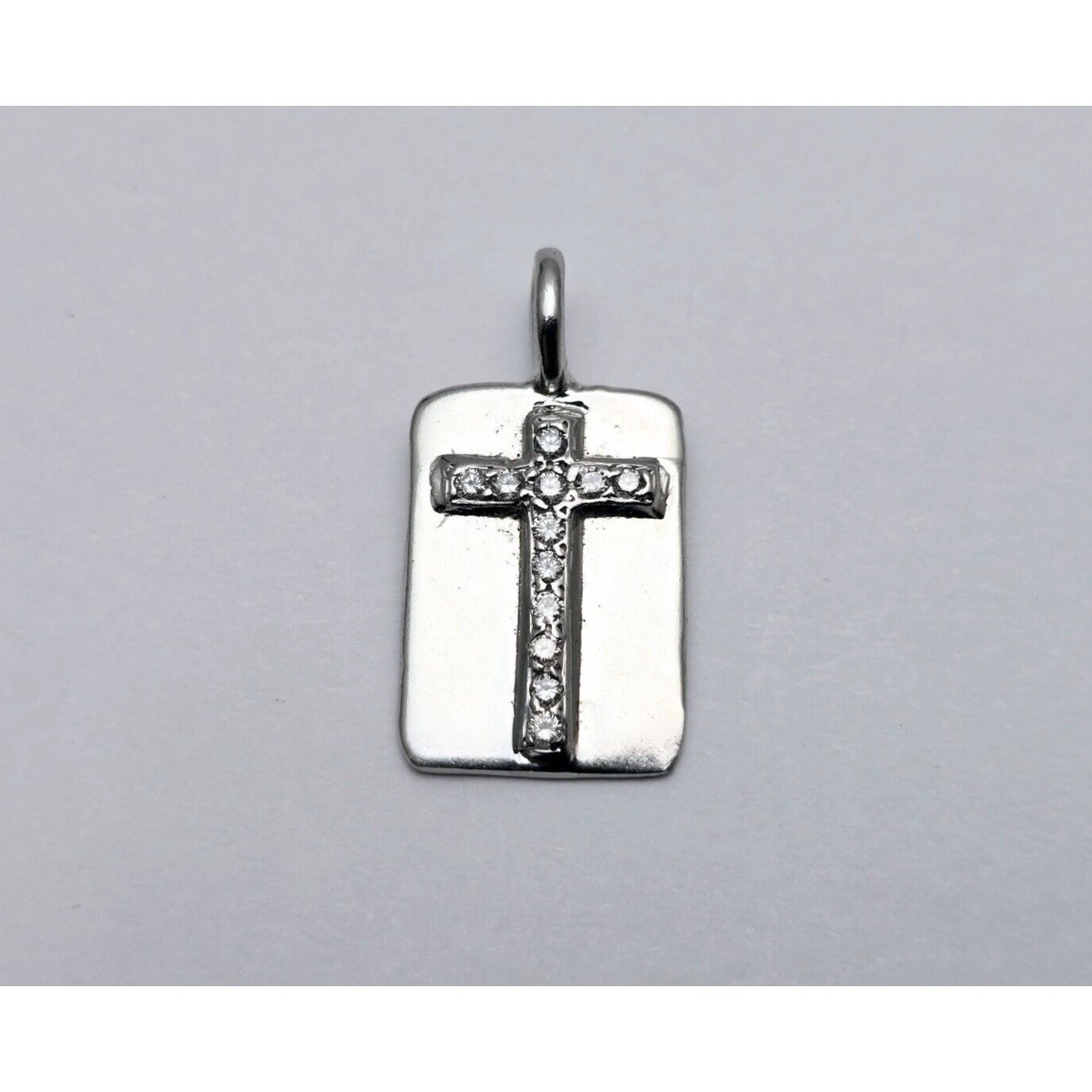 Erica Courtney 14K White Gold Diamond Dog Tag Religious Cross Pendant Charm