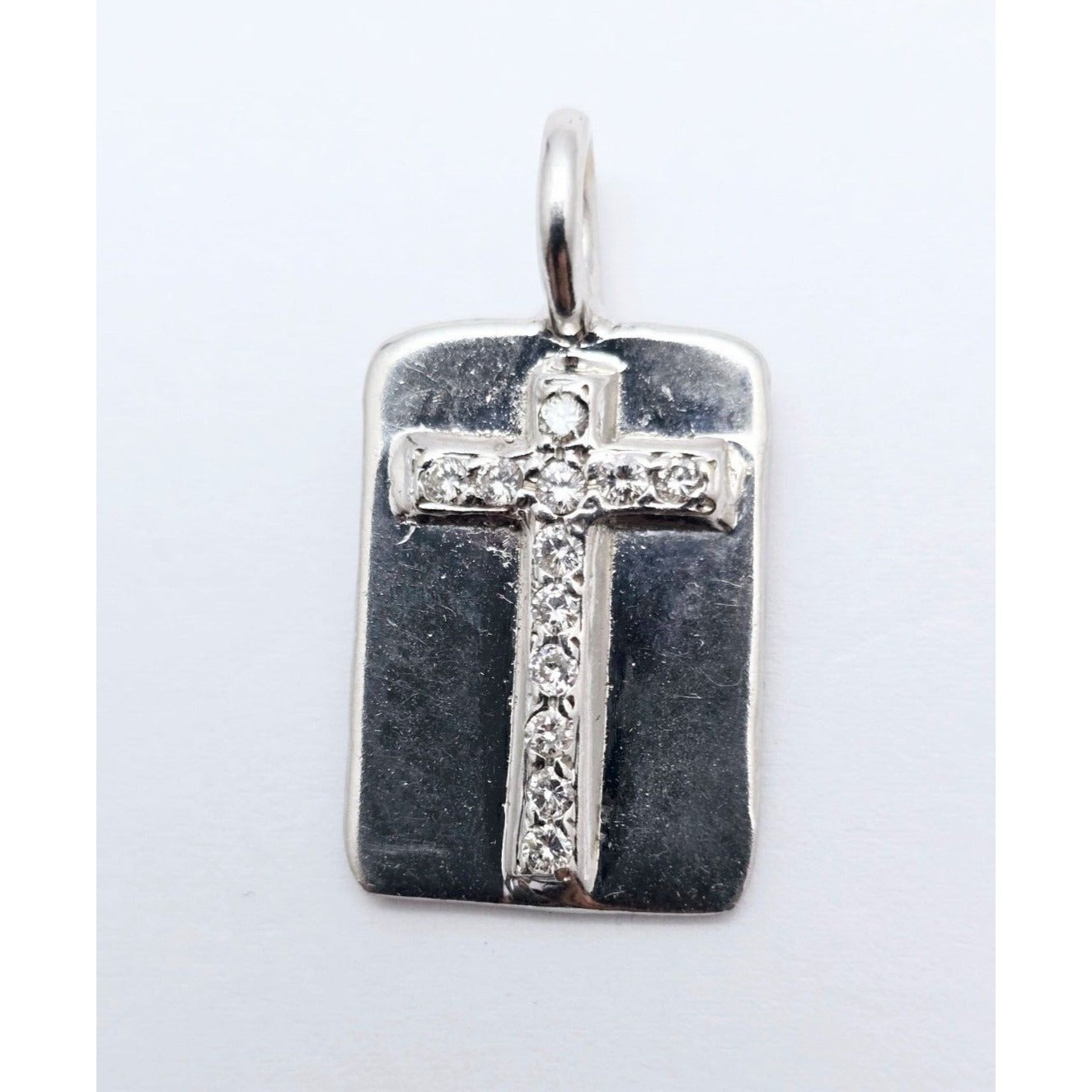 Erica Courtney 14K White Gold Diamond Dog Tag Religious Cross Pendant Charm