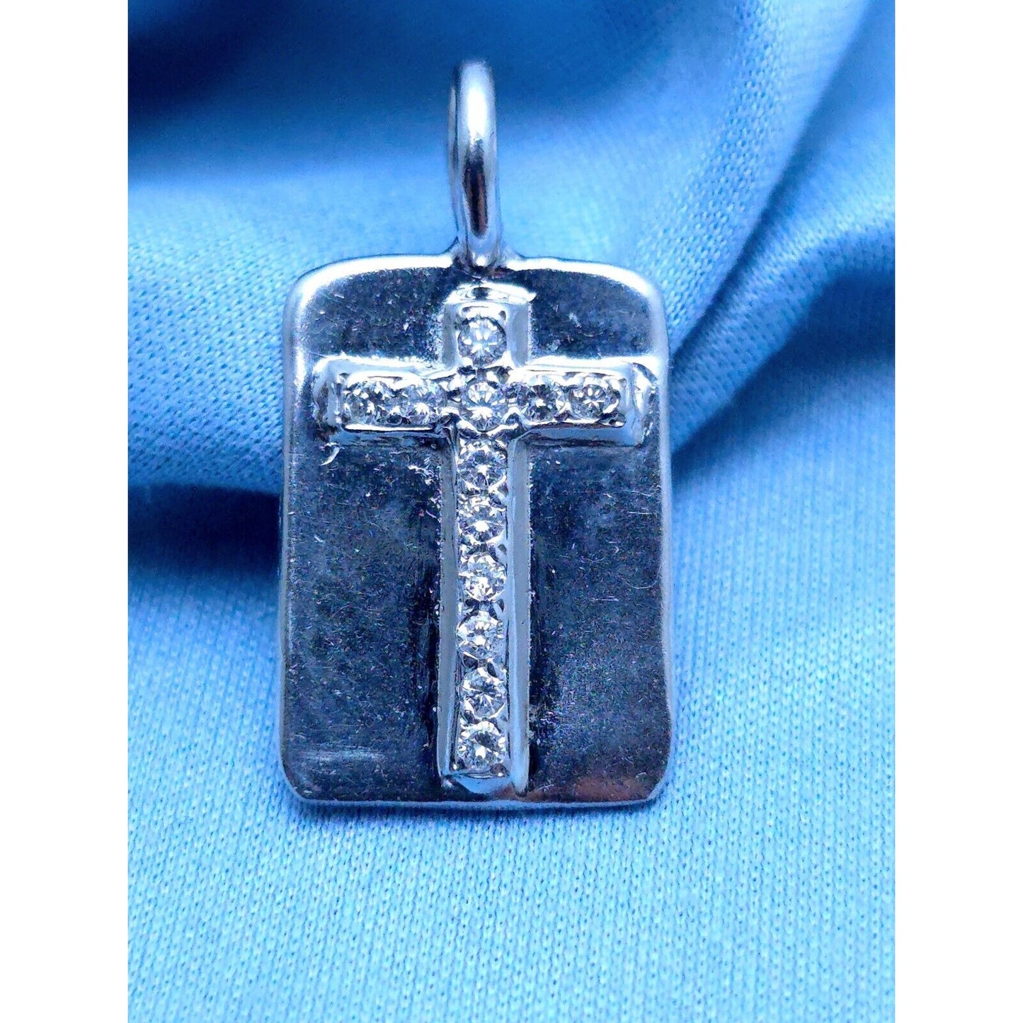 Erica Courtney 14K White Gold Diamond Dog Tag Religious Cross Pendant Charm