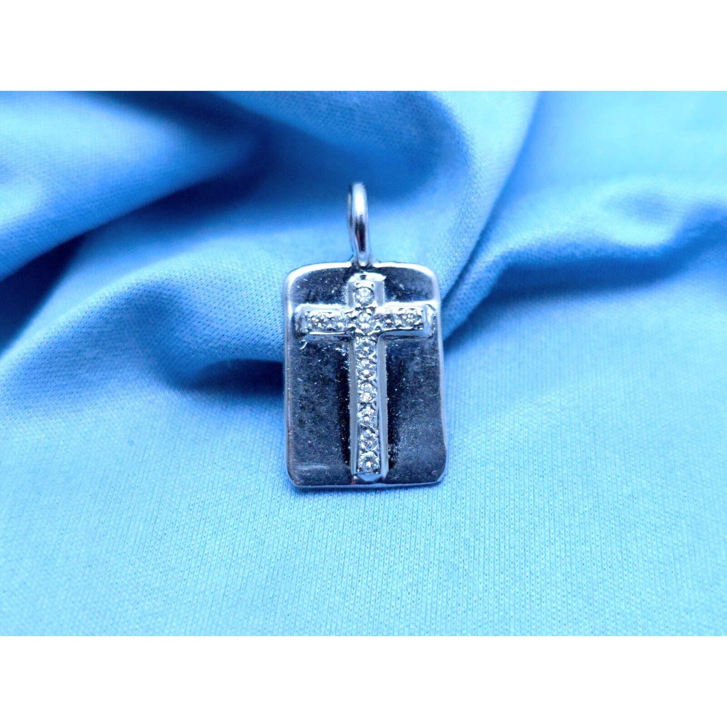 Erica Courtney 14K White Gold Diamond Dog Tag Religious Cross Pendant Charm