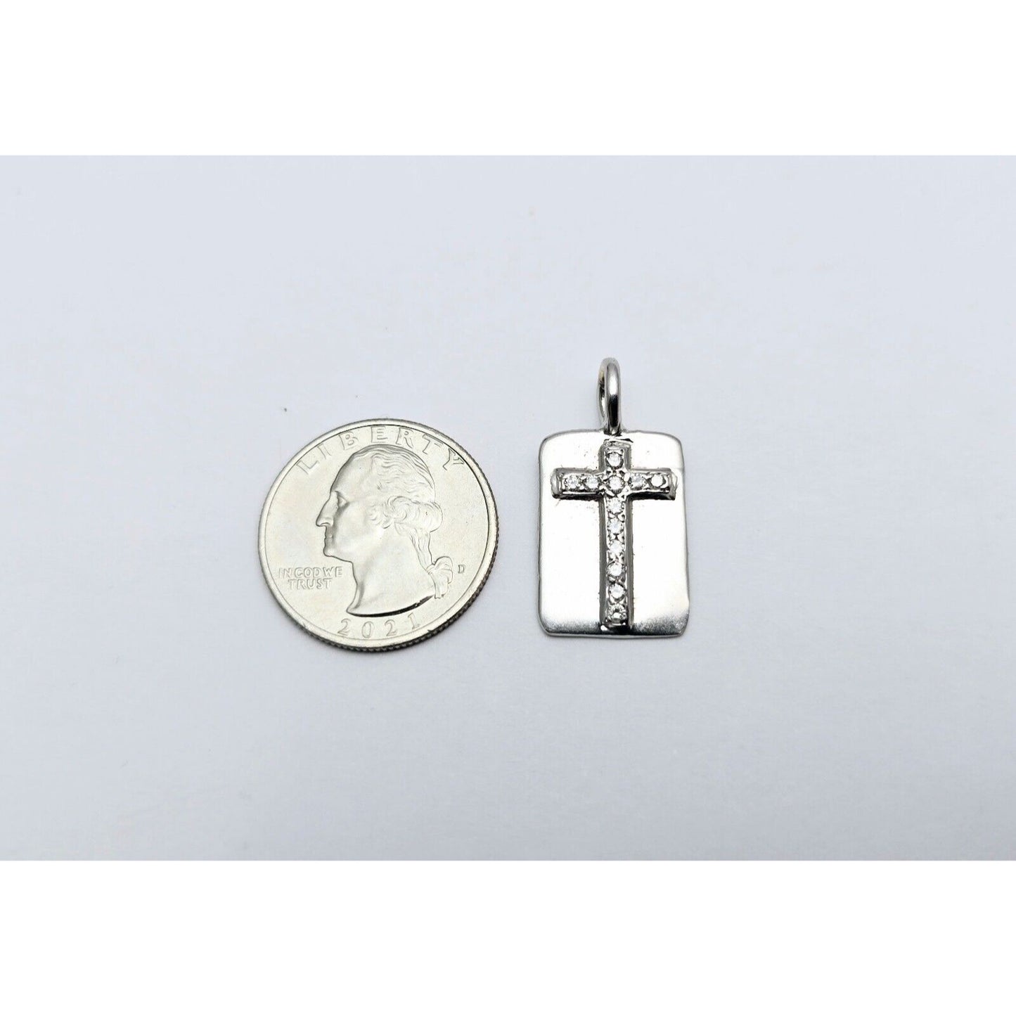 Erica Courtney 14K White Gold Diamond Dog Tag Religious Cross Pendant Charm