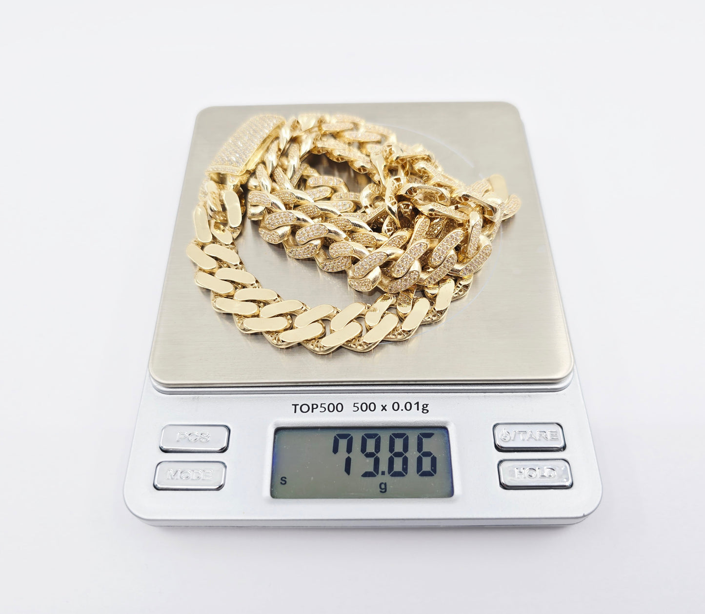 Large 14K Yellow Gold Cuban Link CZ Chain Necklace