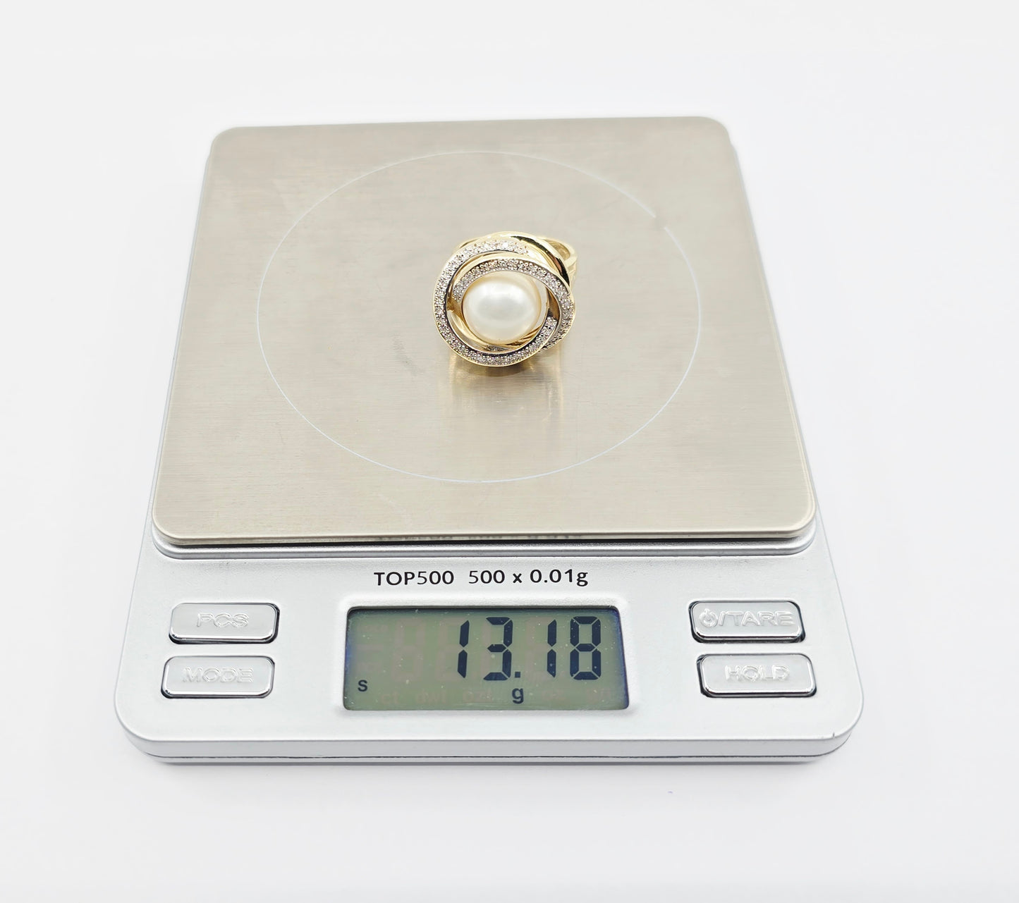 14K Yellow Gold Pearl & Diamond Knot Swirl Ring