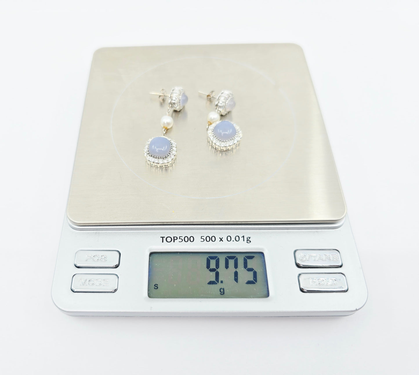 18K White Gold Drop Dangle Blue Chalcedony, Diamond & Pearl Stud Earrings