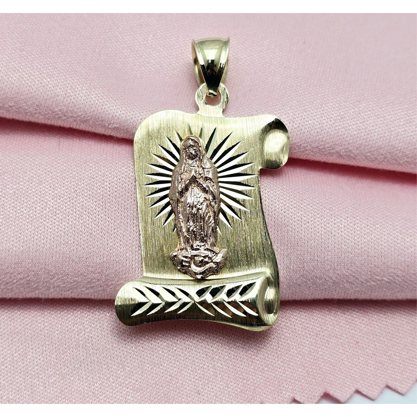 14K Two Tone Gold Religious Scroll Saint Mary Charm Pendant
