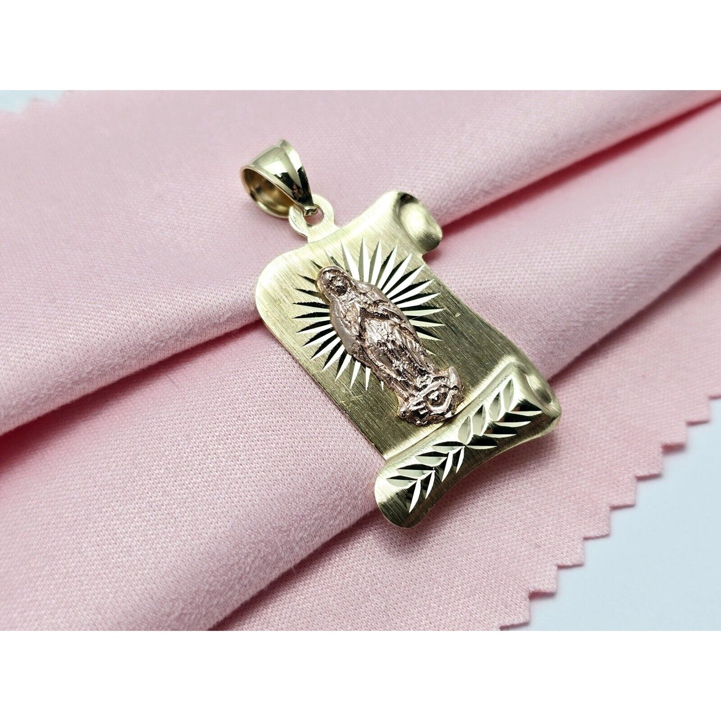 14K Two Tone Gold Religious Scroll Saint Mary Charm Pendant