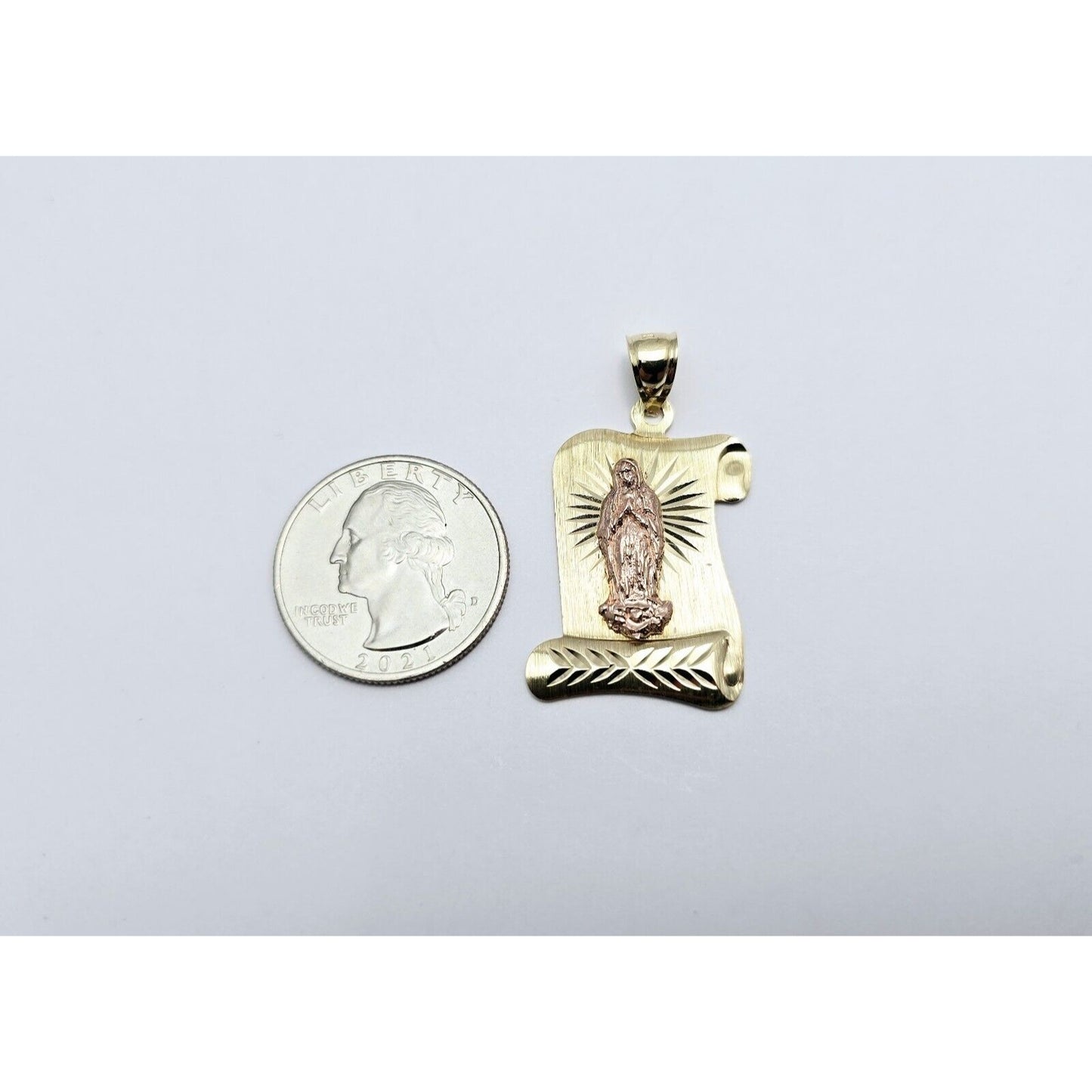 14K Two Tone Gold Religious Scroll Saint Mary Charm Pendant