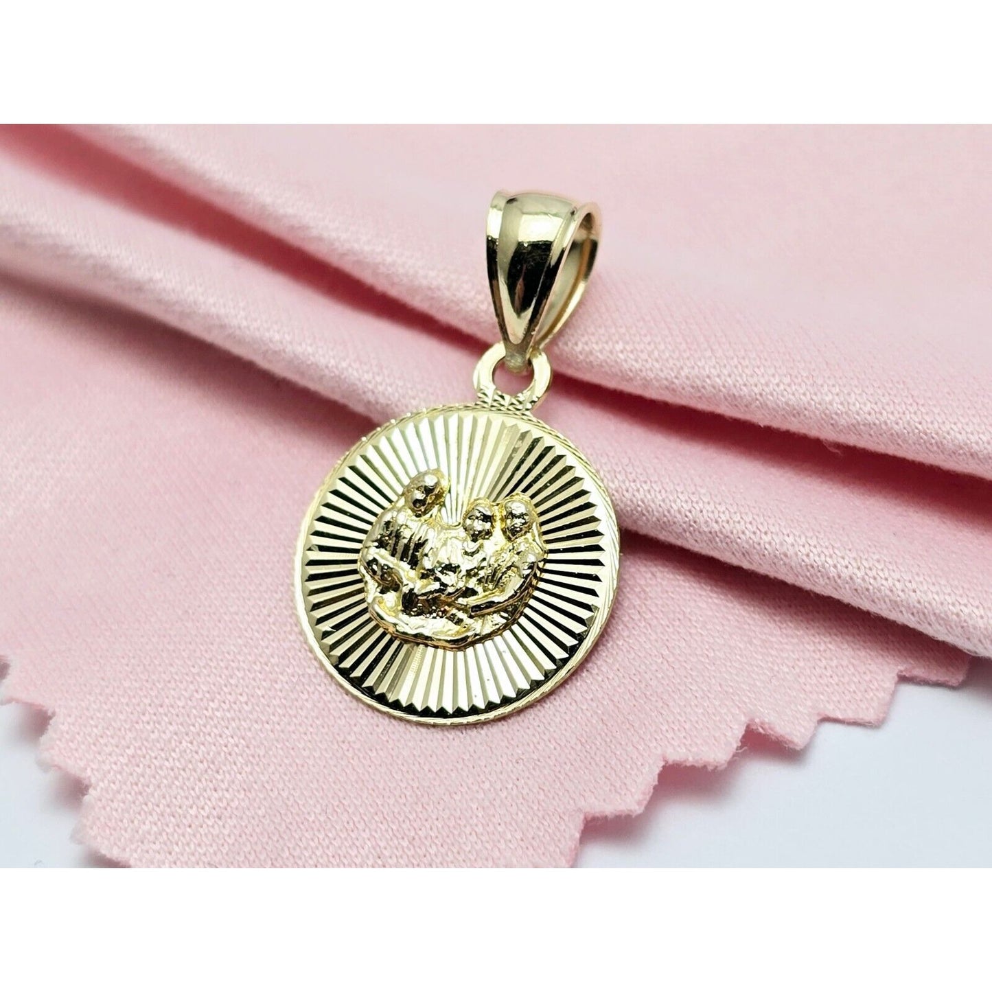 14K Yellow Gold Diamond Cut Round Baptism Charm Pendant