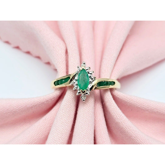 14K Two Tone Gold Ladies Marquise Emerald & Diamond Ring