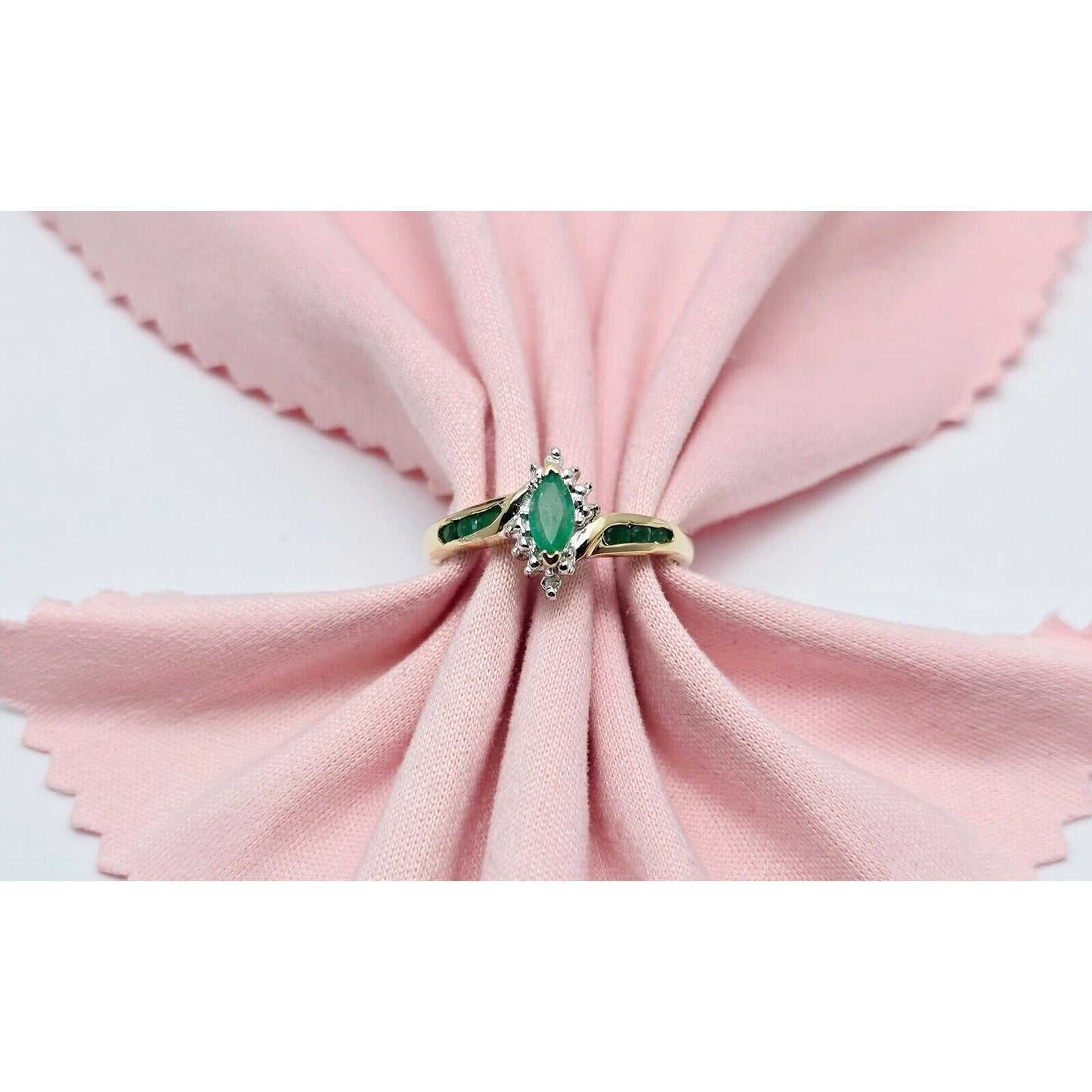 14K Two Tone Gold Ladies Marquise Emerald & Diamond Ring