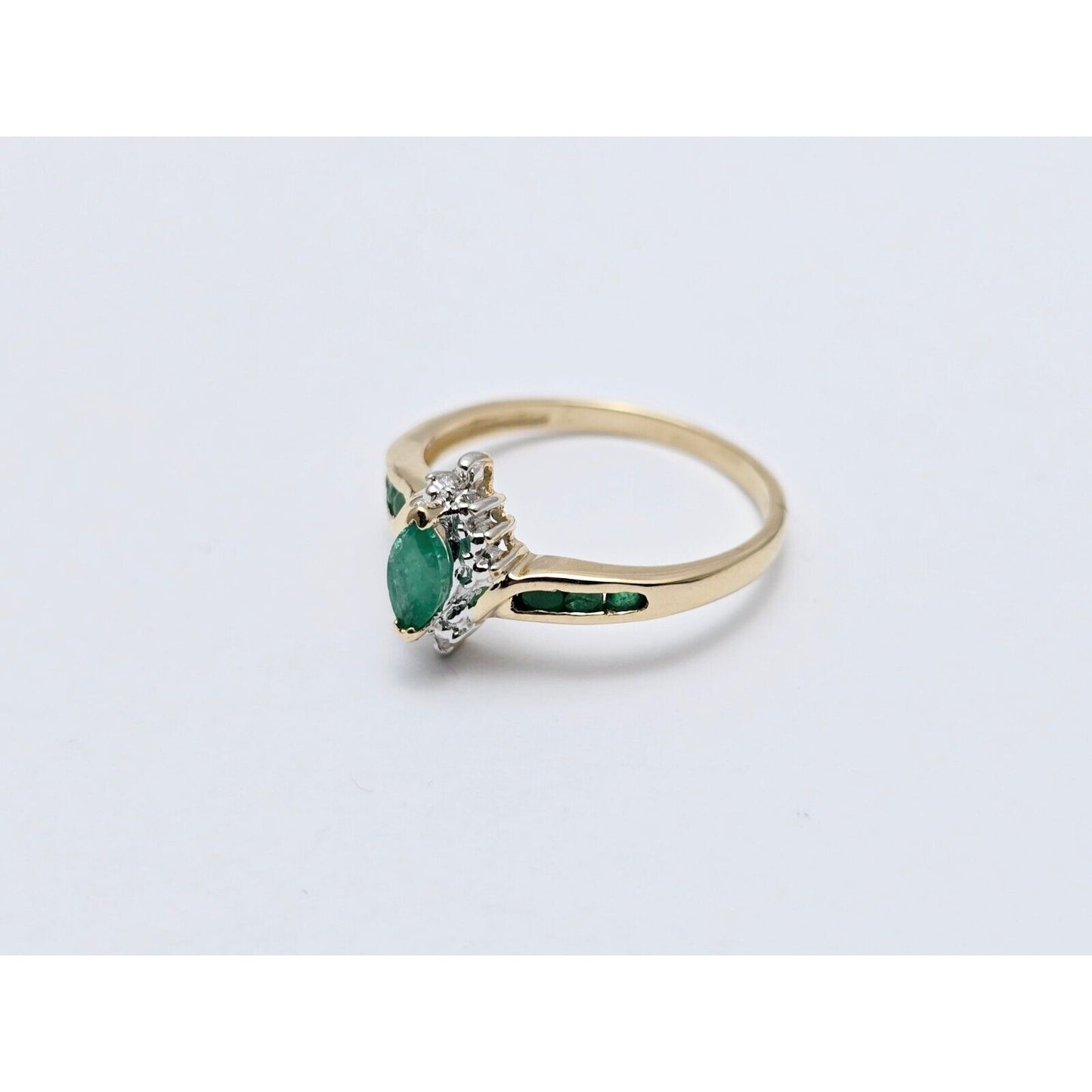 14K Two Tone Gold Ladies Marquise Emerald & Diamond Ring
