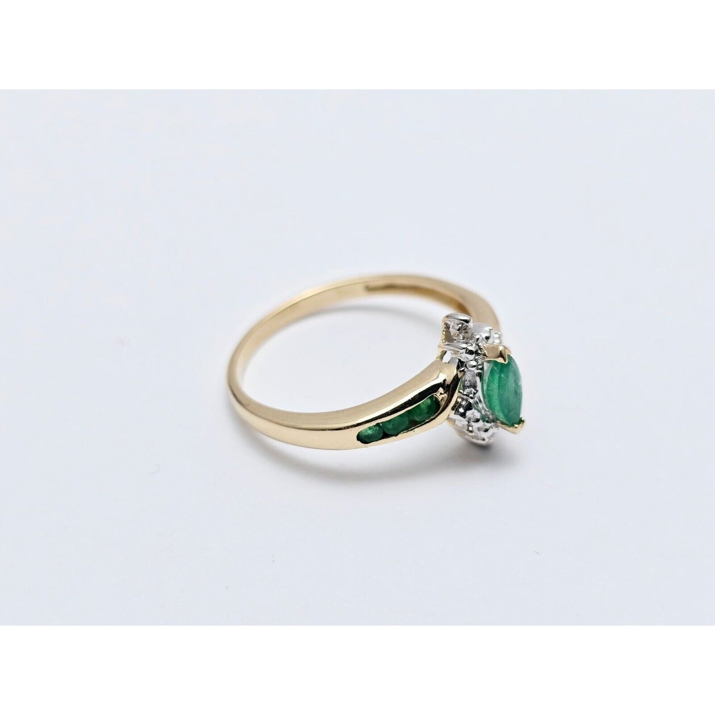 14K Two Tone Gold Ladies Marquise Emerald & Diamond Ring