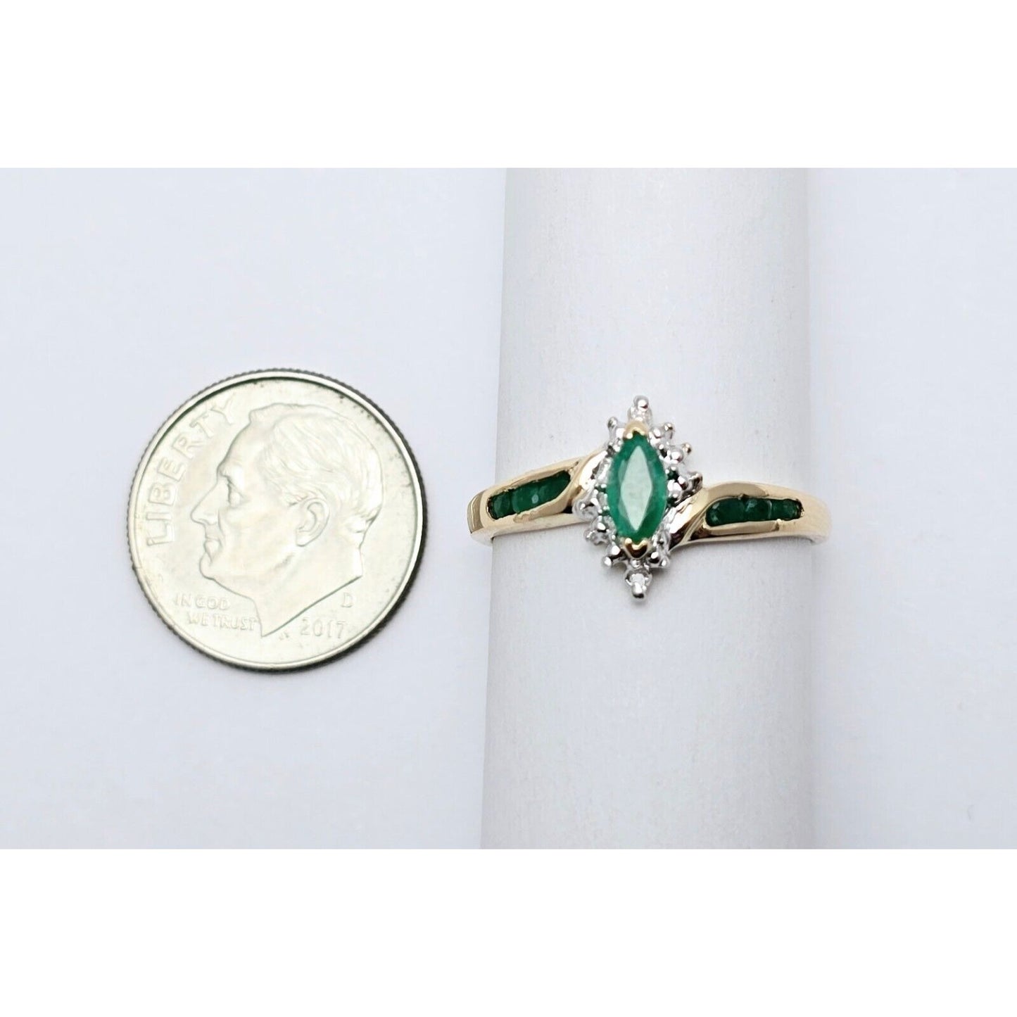 14K Two Tone Gold Ladies Marquise Emerald & Diamond Ring