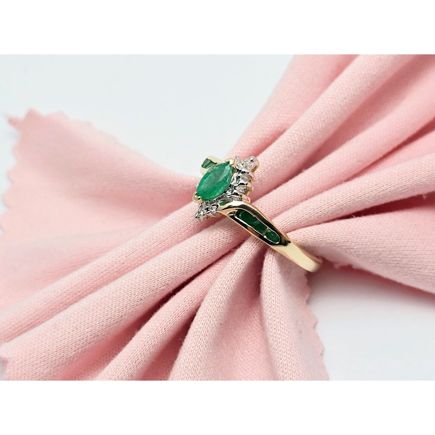 14K Two Tone Gold Ladies Marquise Emerald & Diamond Ring