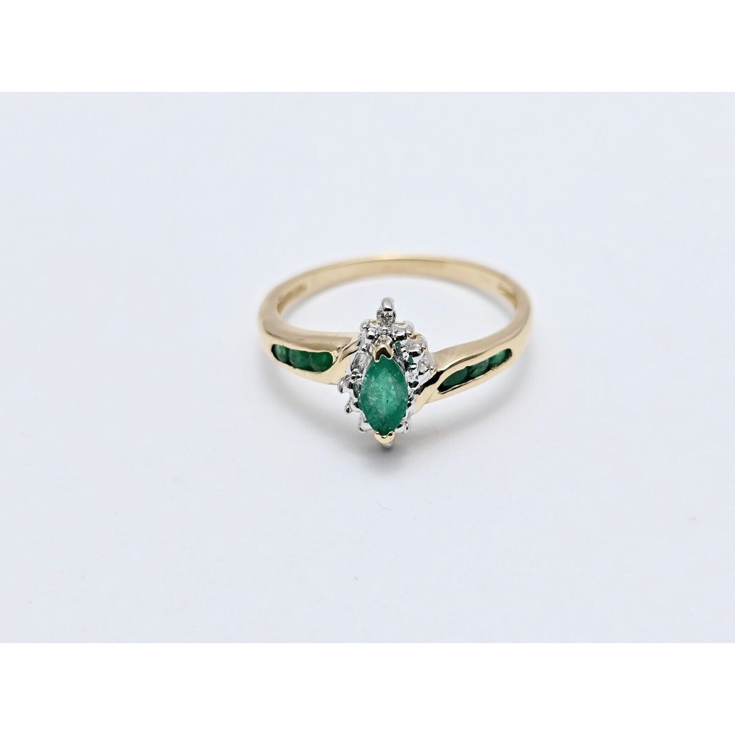 14K Two Tone Gold Ladies Marquise Emerald & Diamond Ring