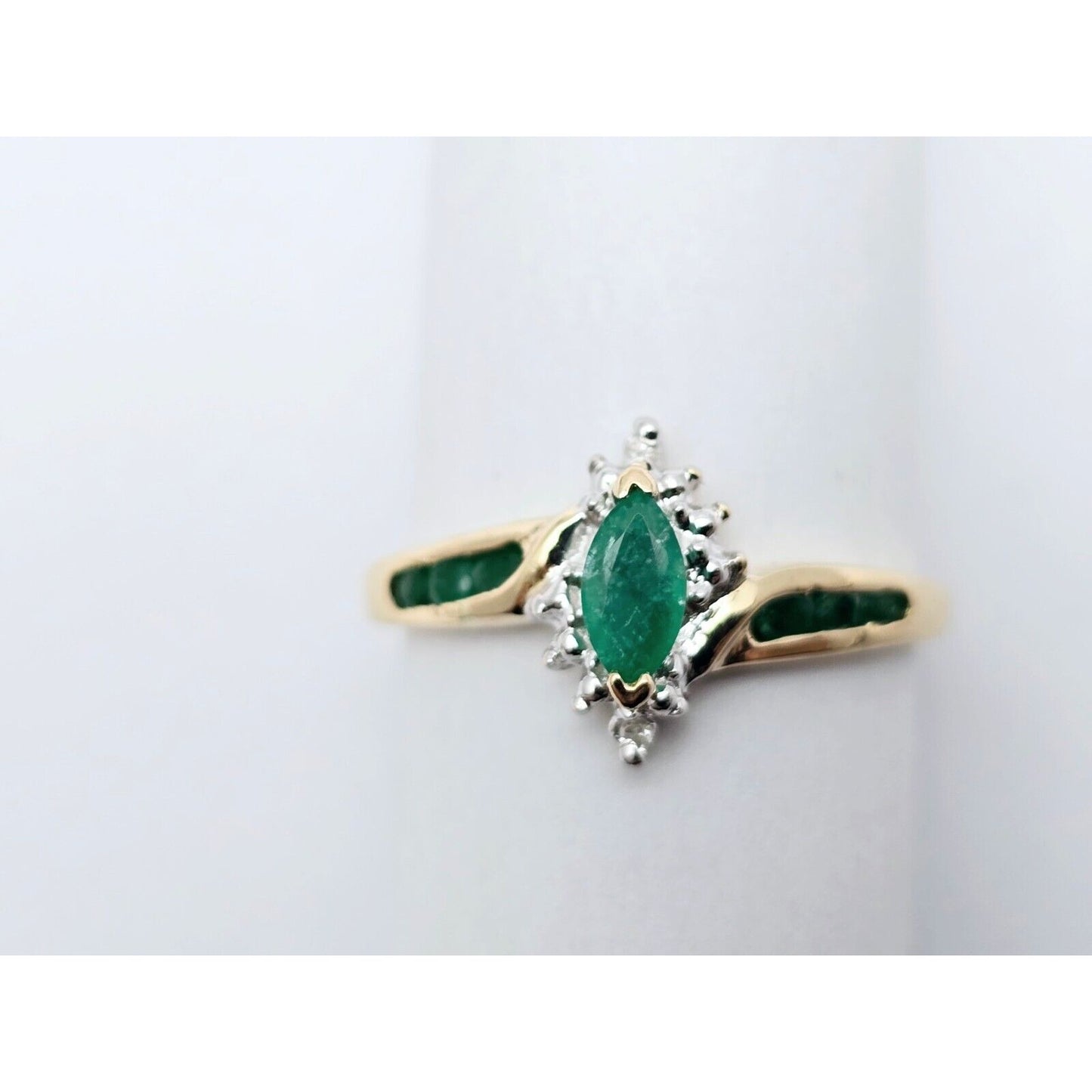 14K Two Tone Gold Ladies Marquise Emerald & Diamond Ring