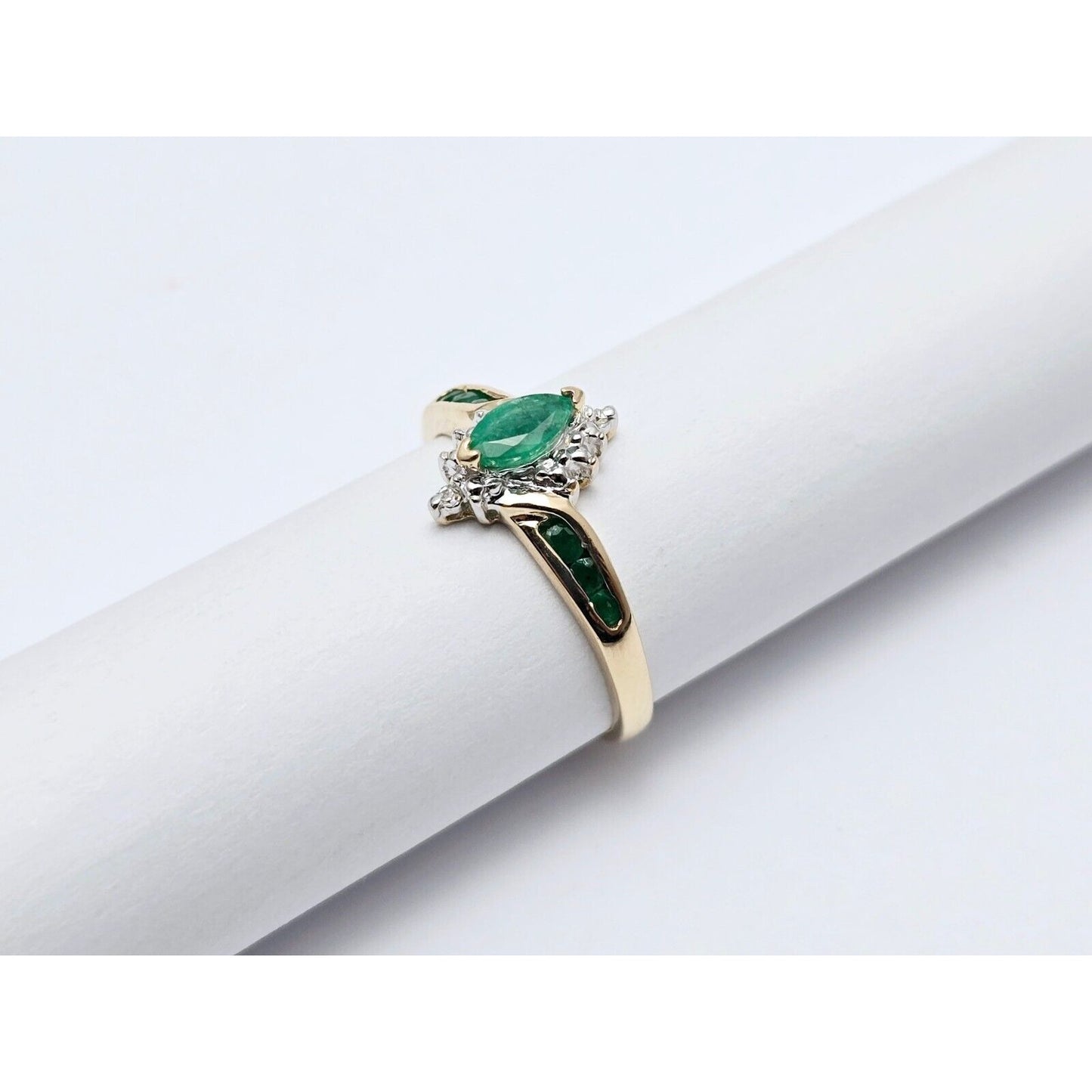 14K Two Tone Gold Ladies Marquise Emerald & Diamond Ring