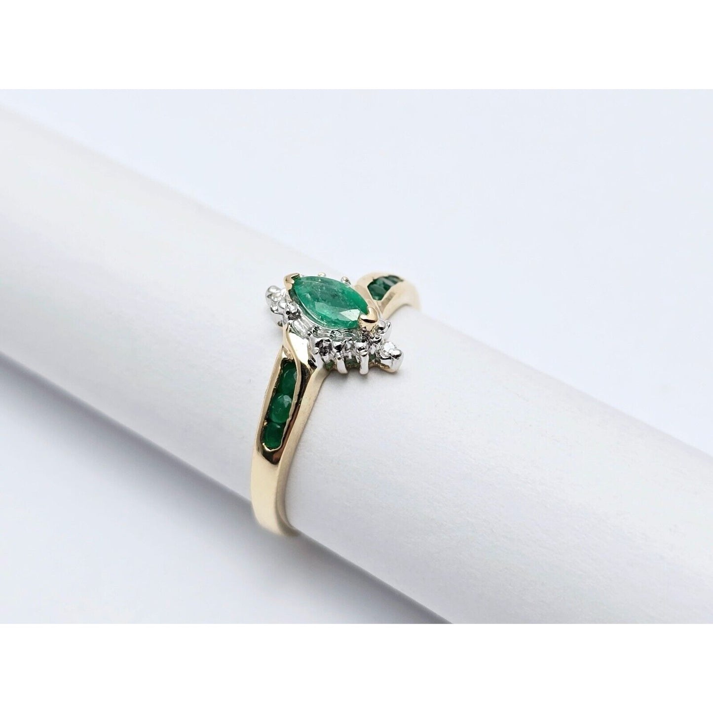 14K Two Tone Gold Ladies Marquise Emerald & Diamond Ring