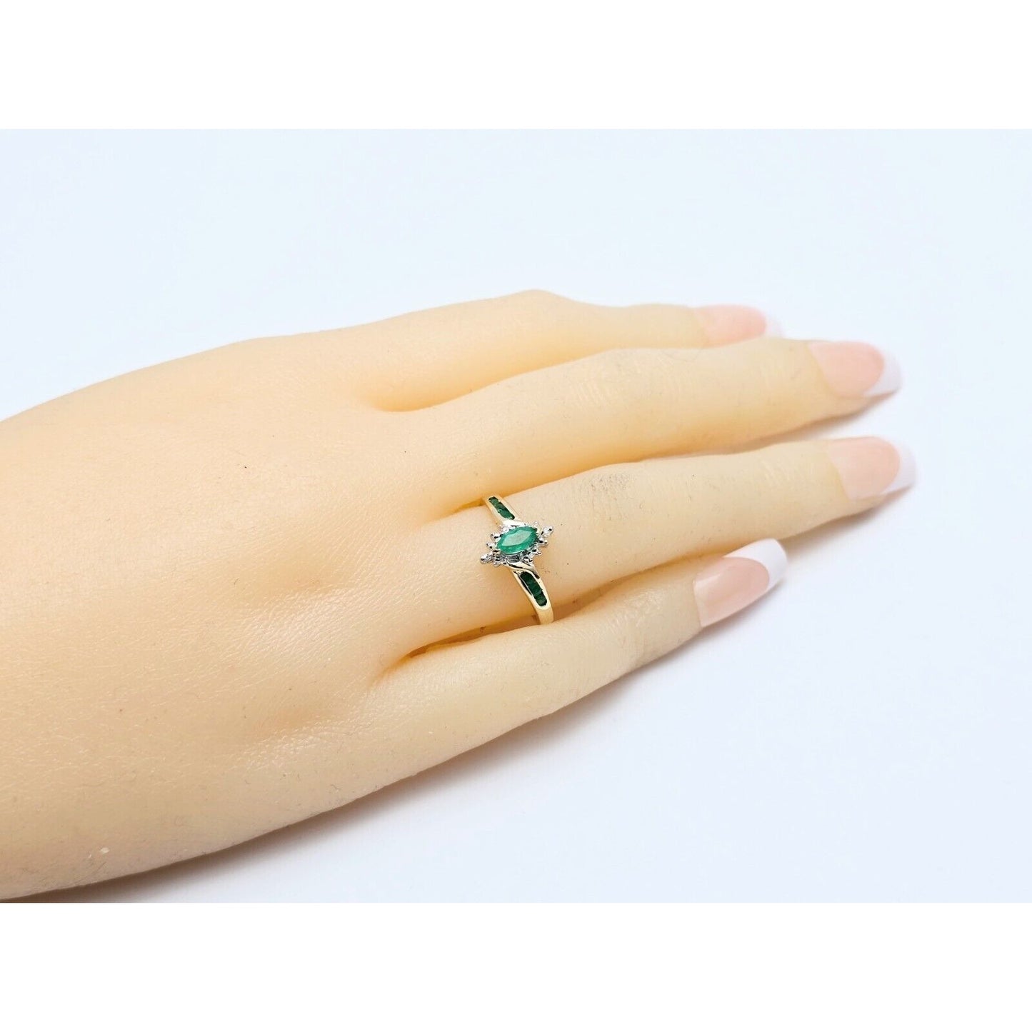 14K Two Tone Gold Ladies Marquise Emerald & Diamond Ring