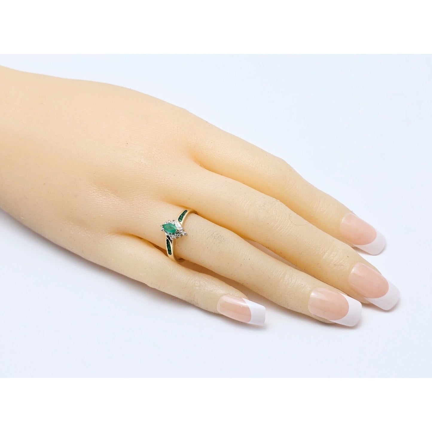 14K Two Tone Gold Ladies Marquise Emerald & Diamond Ring