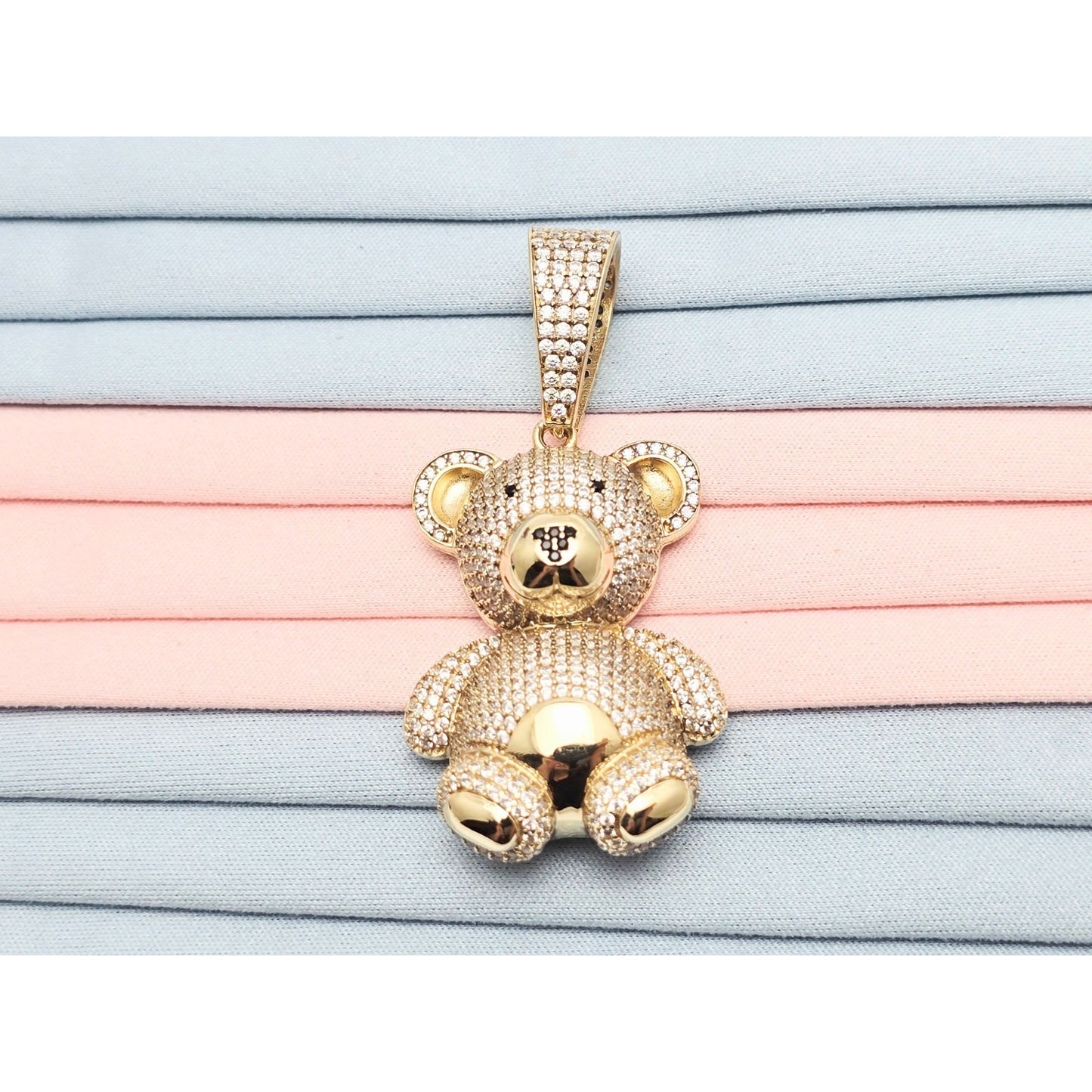 10K Yellow Gold 3D Puffy Teddy Bear CZ & Onyx Charm Pendant