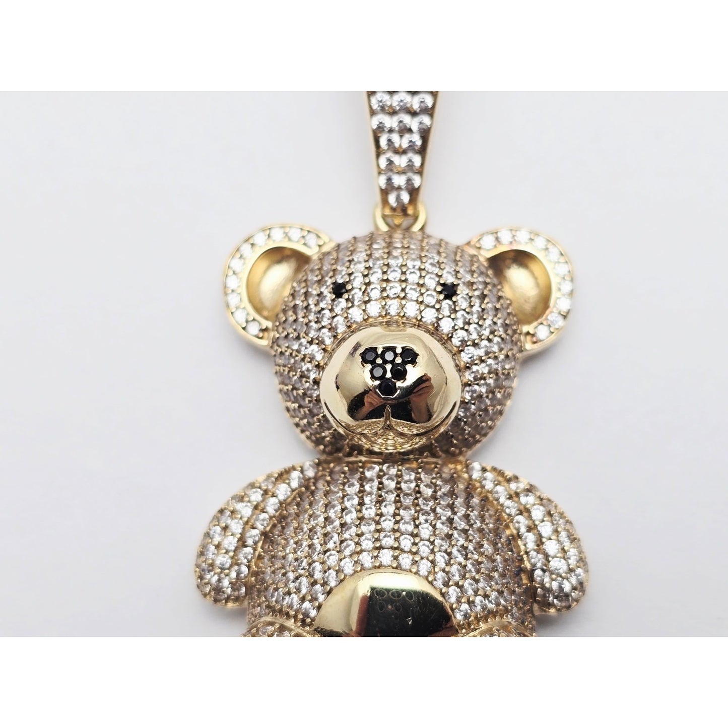10K Yellow Gold 3D Puffy Teddy Bear CZ & Onyx Charm Pendant