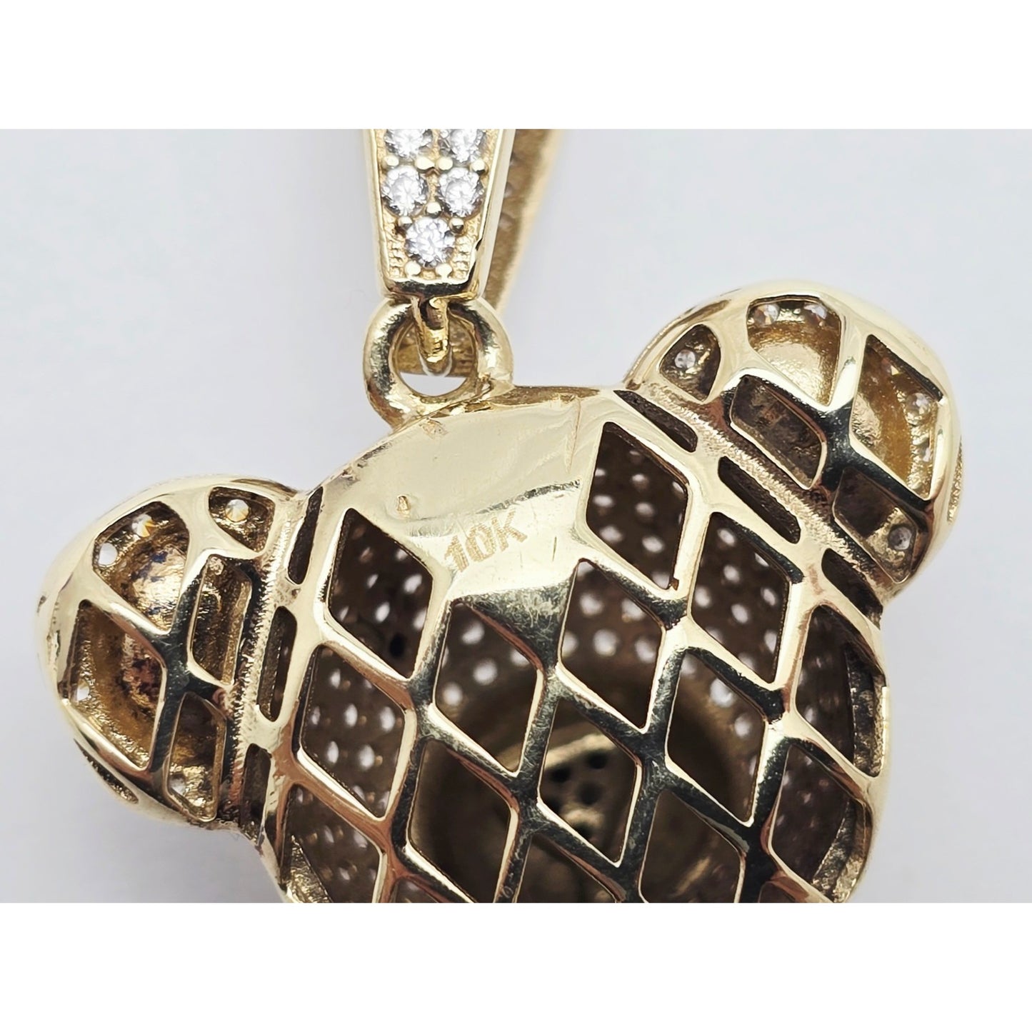 10K Yellow Gold 3D Puffy Teddy Bear CZ & Onyx Charm Pendant