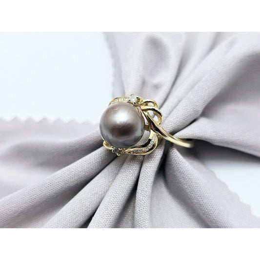 14K Yellow Gold Tahitian Pearl & Diamond Ring