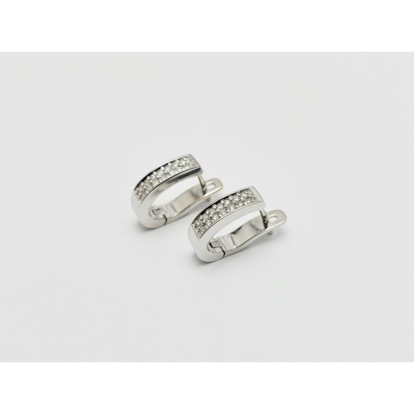 14K White Gold Round Diamond Hinged Half Hoop Earrings
