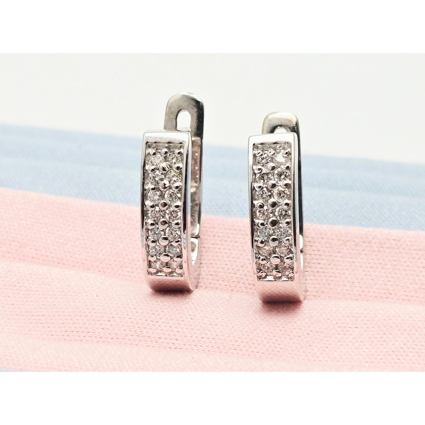 14K White Gold Round Diamond Hinged Half Hoop Earrings