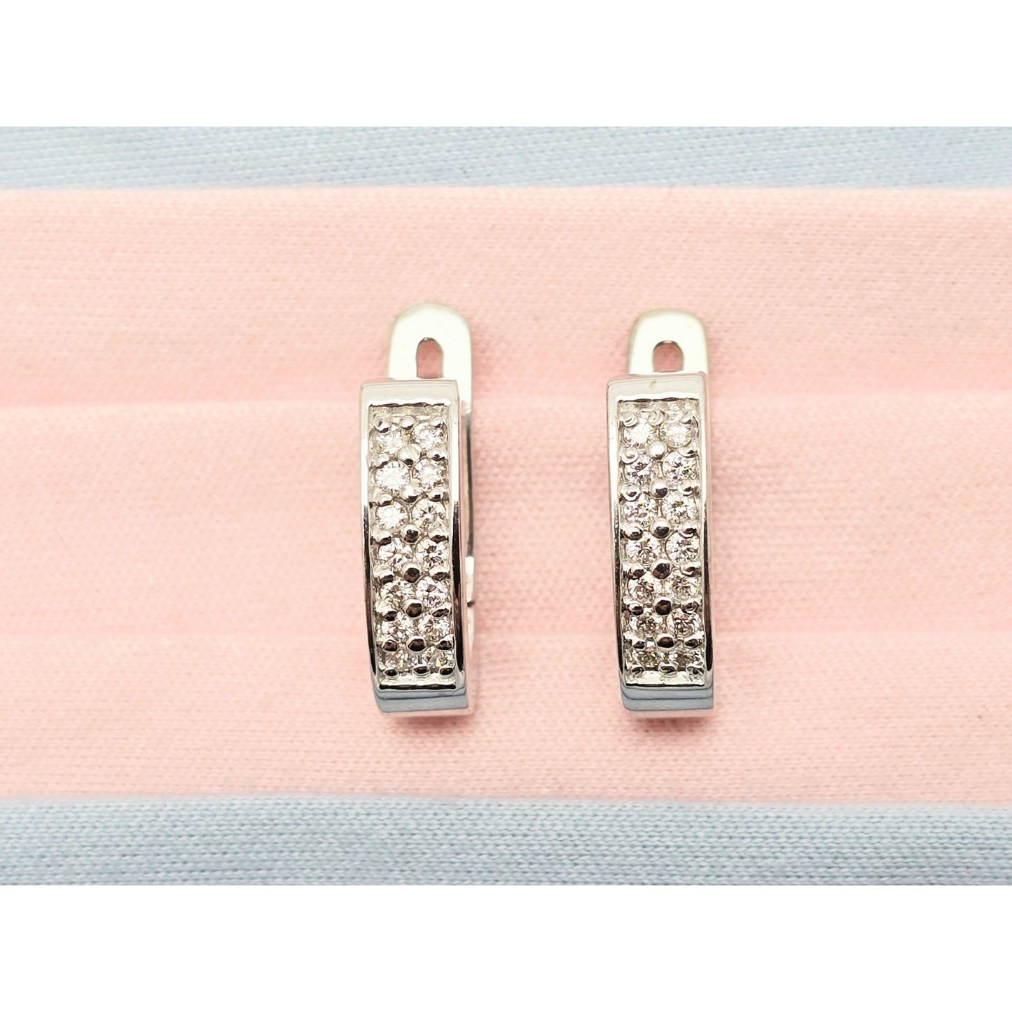 14K White Gold Round Diamond Hinged Half Hoop Earrings