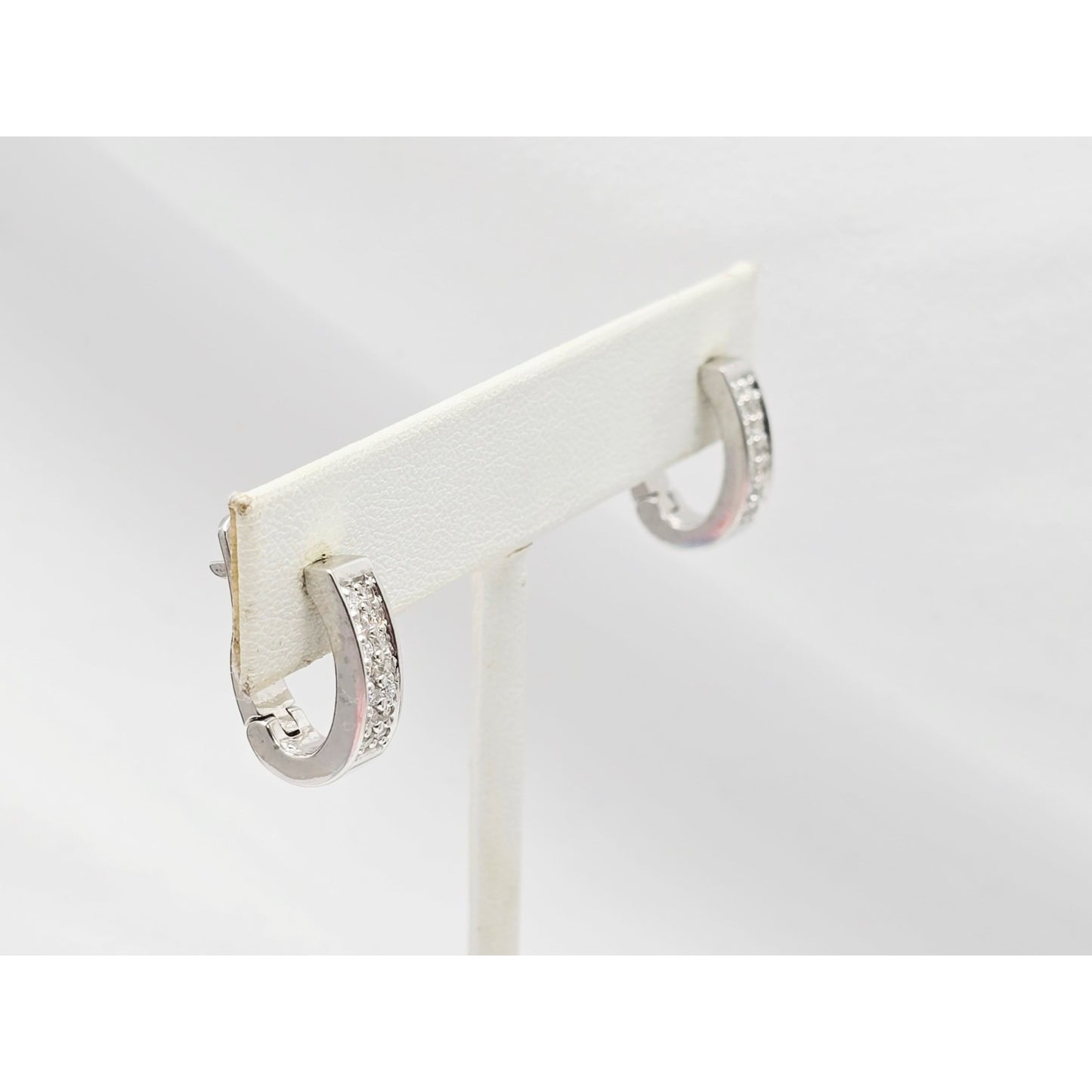 14K White Gold Round Diamond Hinged Half Hoop Earrings