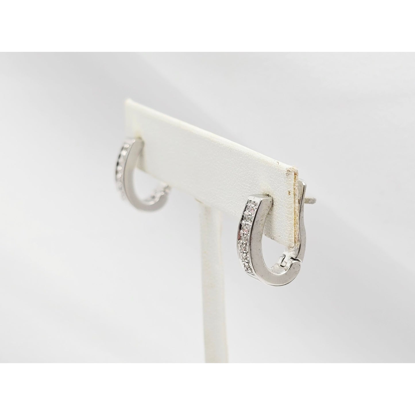 14K White Gold Round Diamond Hinged Half Hoop Earrings