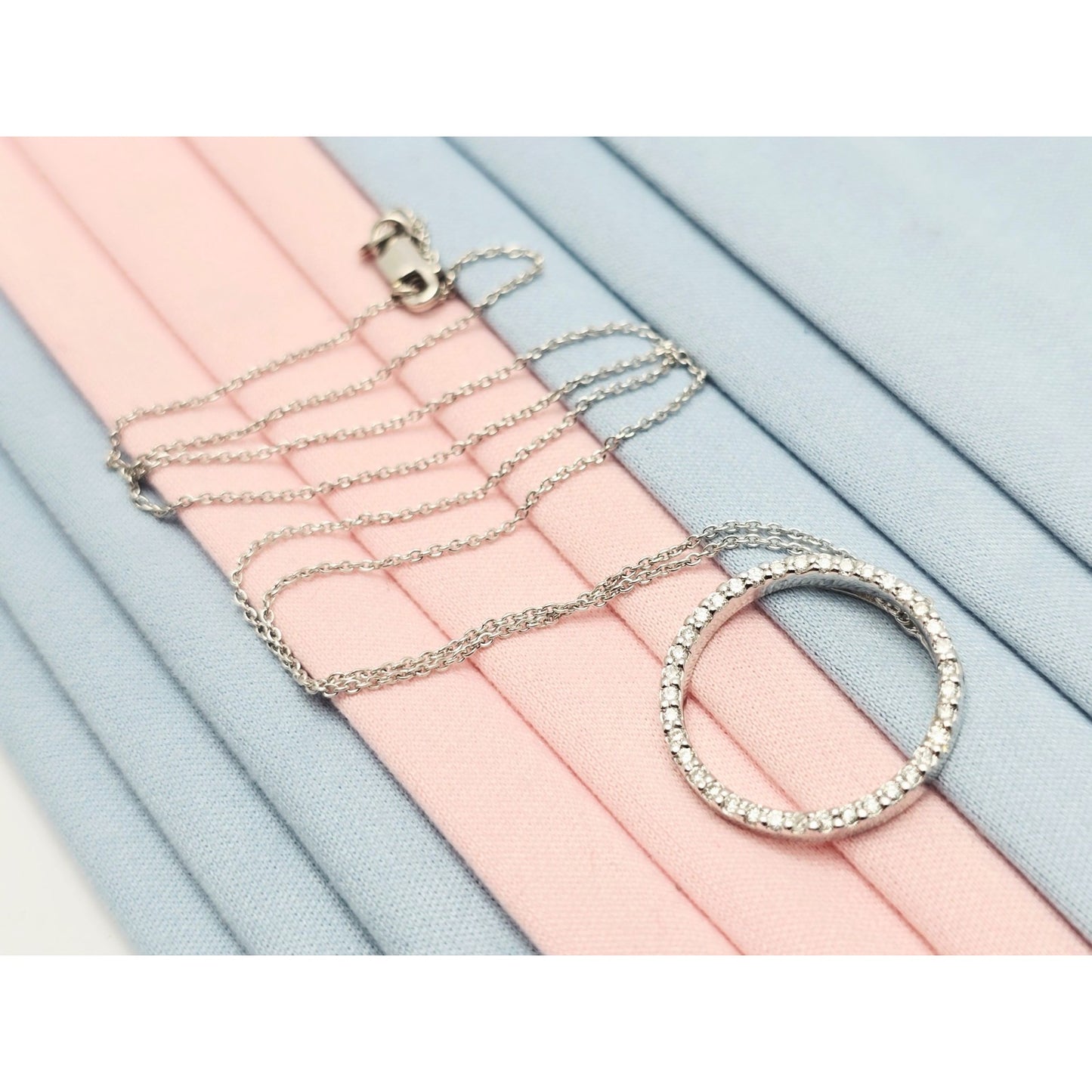 18K White Gold Cable Link Chain Necklace & Diamond Round Open Hole Charm Pendant