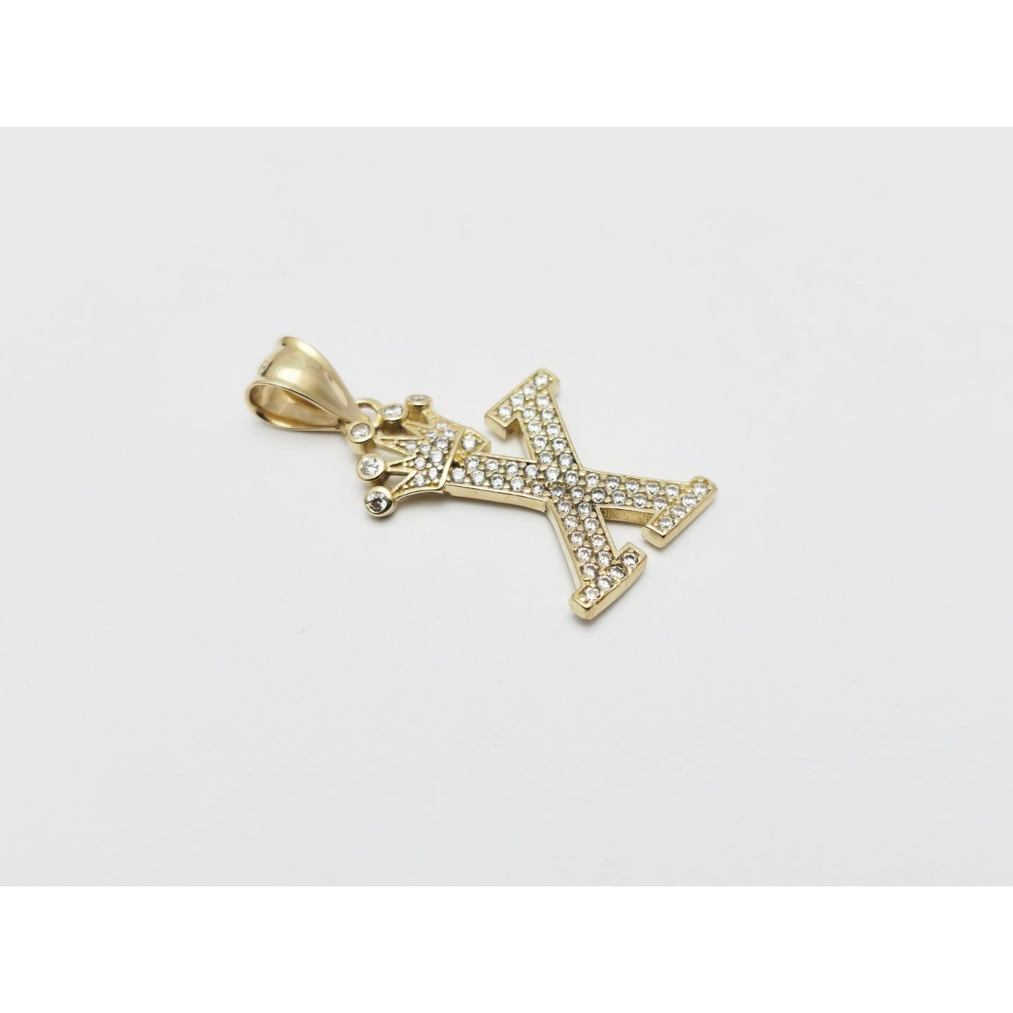 10K Solid Yellow Gold Initial " X " Crown CZ Charm Pendant