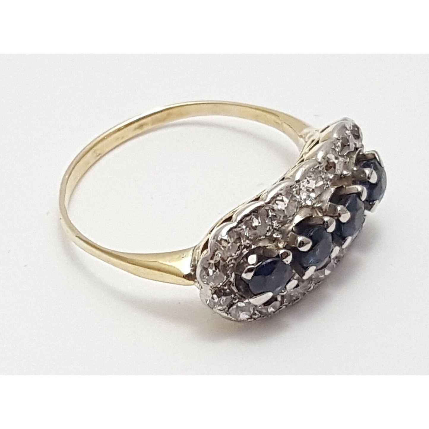 Vintage 14K Two Tone Gold Round Cut Sapphire & Diamond Ring