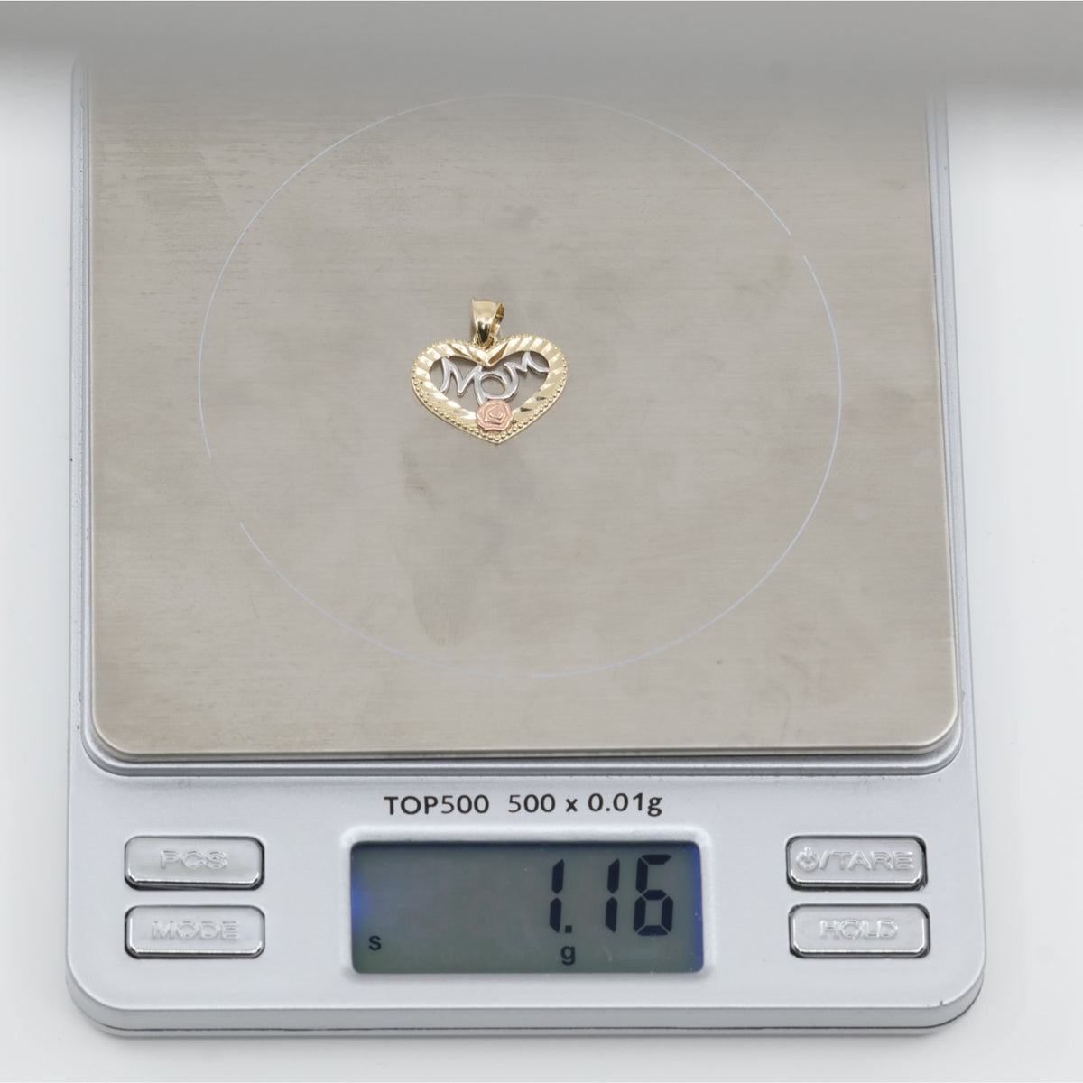 14K Tri Tone Gold Diamond Cut Heart Initial "Mom" Charm Pendant